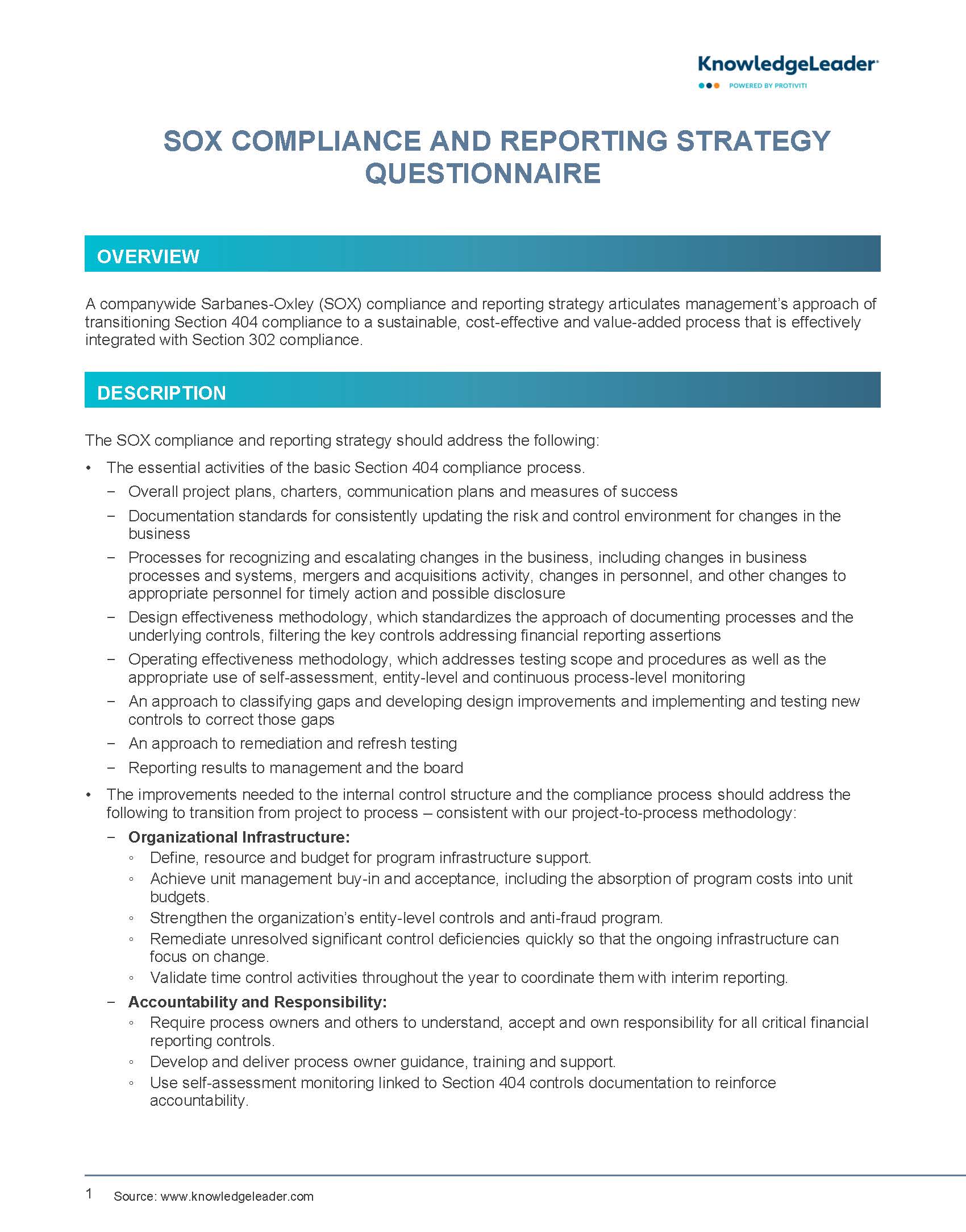 Screenshot of first page of SOX Compliance and Reporting Strategy Questionnaire