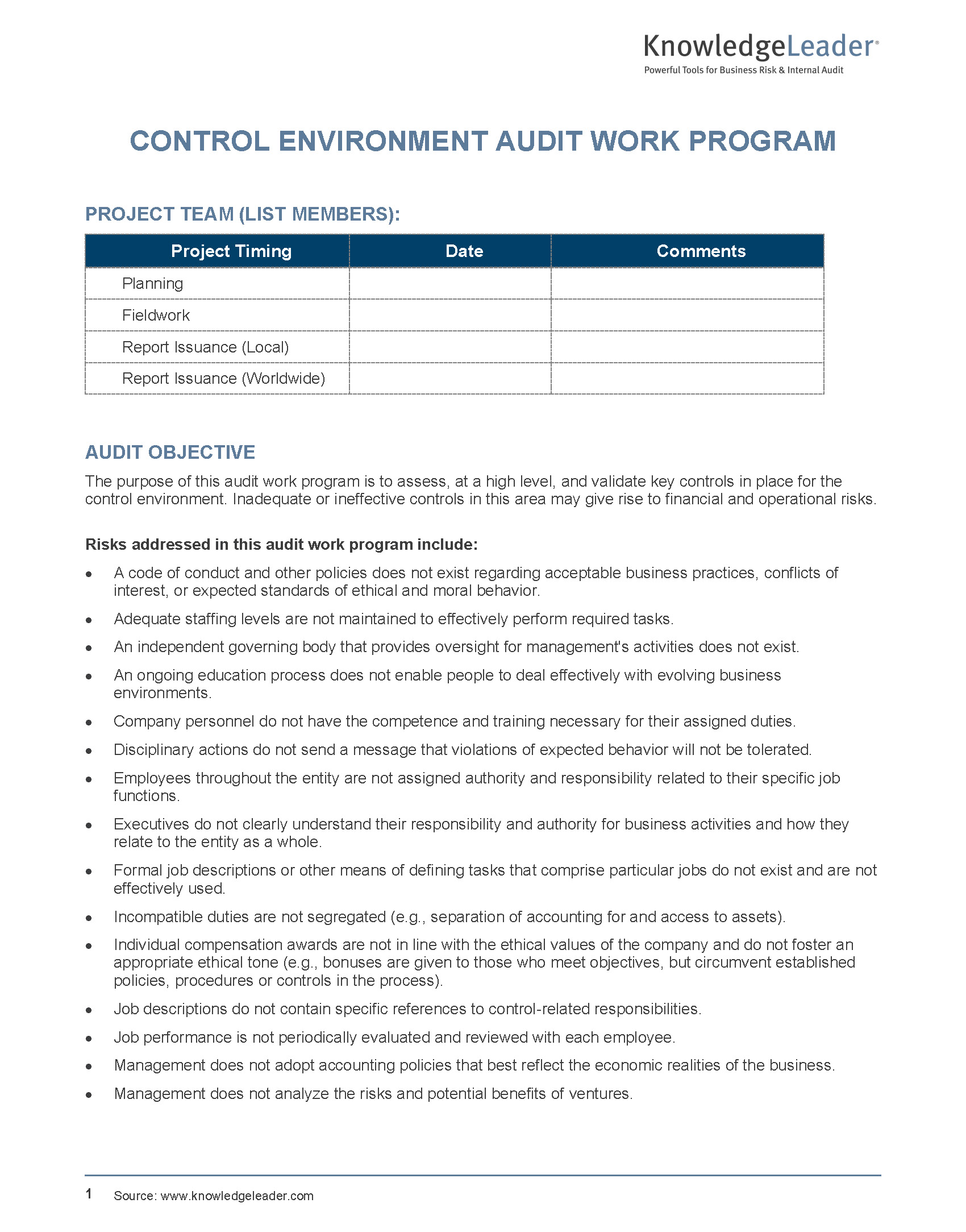 Control Environment Audit Work Program