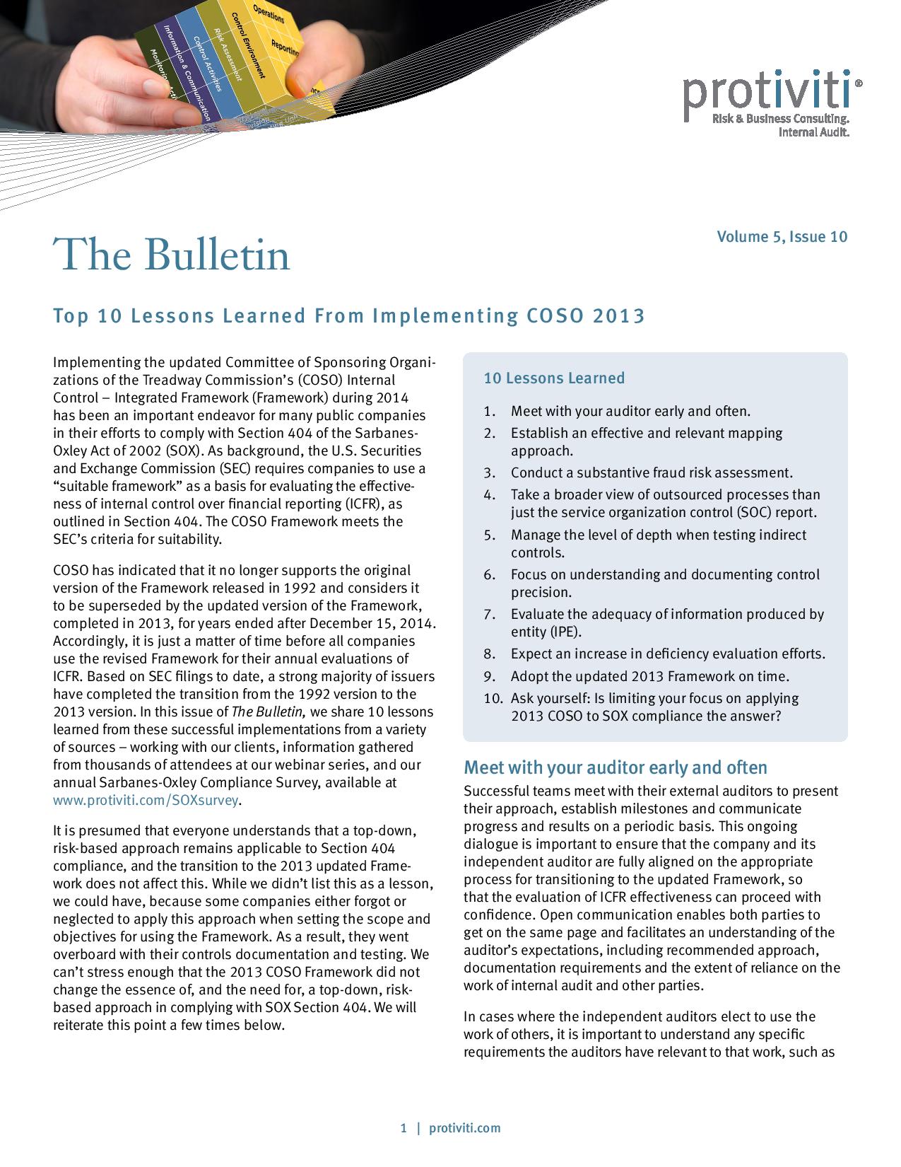 Top 10 Lessons Learned From Implementing COSO 2013