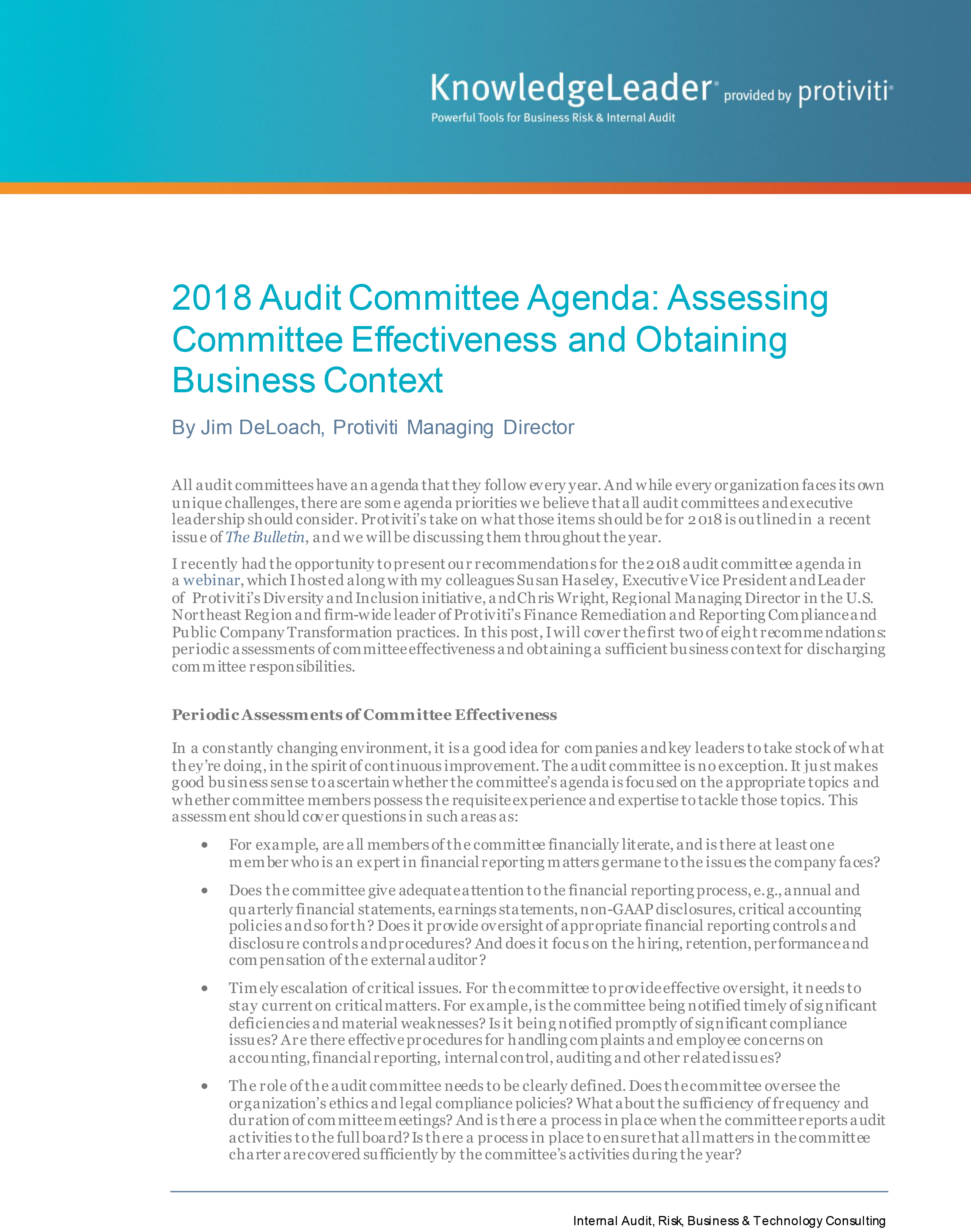 Screenshot of the first page of 2018 Audit Committee Agenda: Assessing Committee Effectiveness and Obtaining Business Context