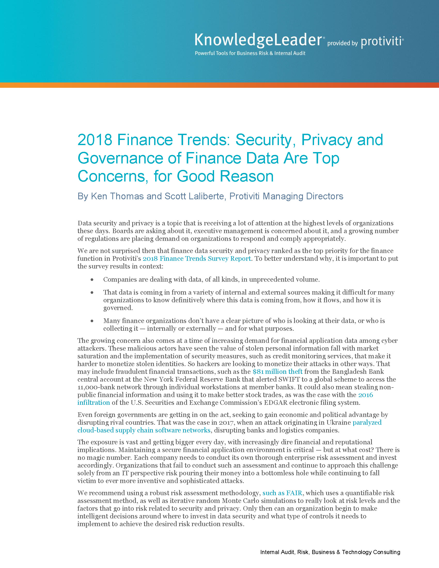 Screenshot of the first page of 2018 Finance Trends: Security, Privacy and Governance of Finance Data Are Top Concerns, for Good Reason