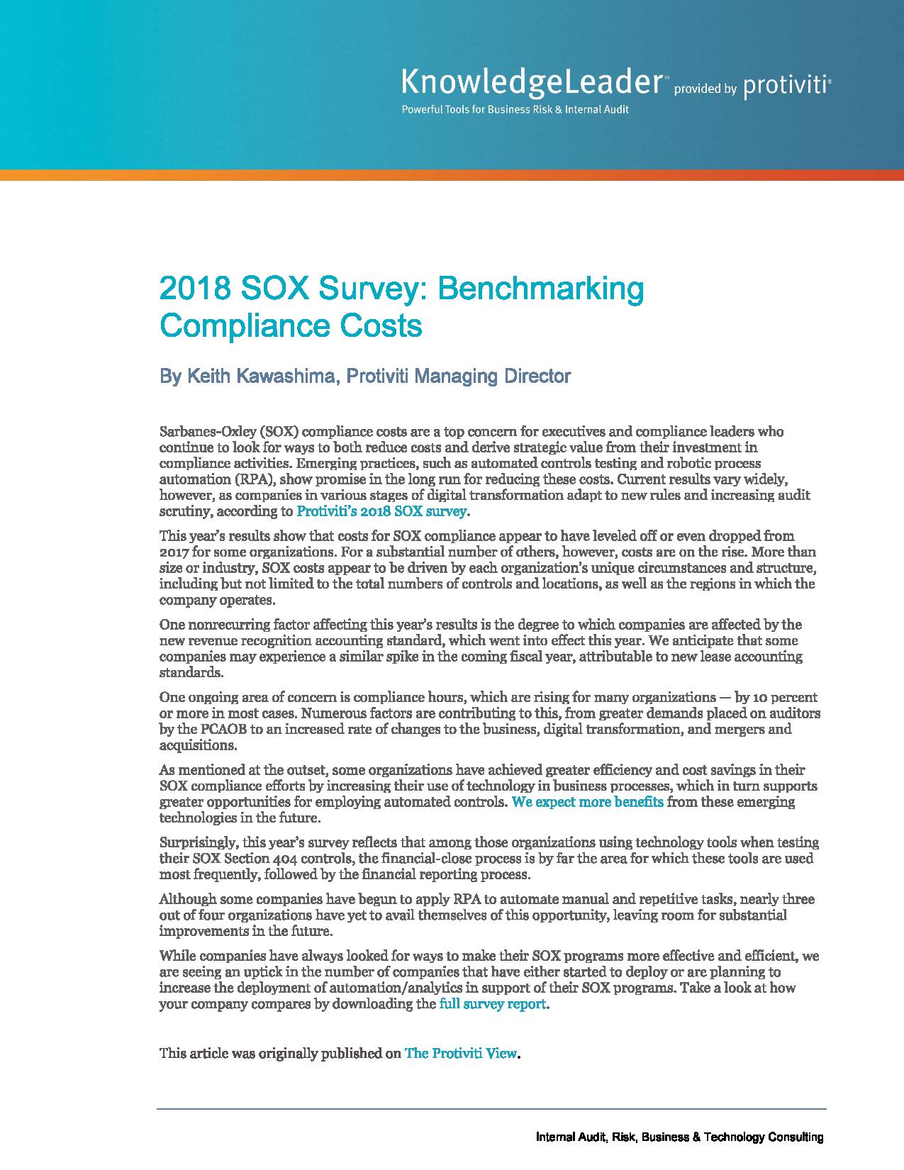 Screenshot of the first page of 2018 SOX Survey: Benchmarking Compliance Costs