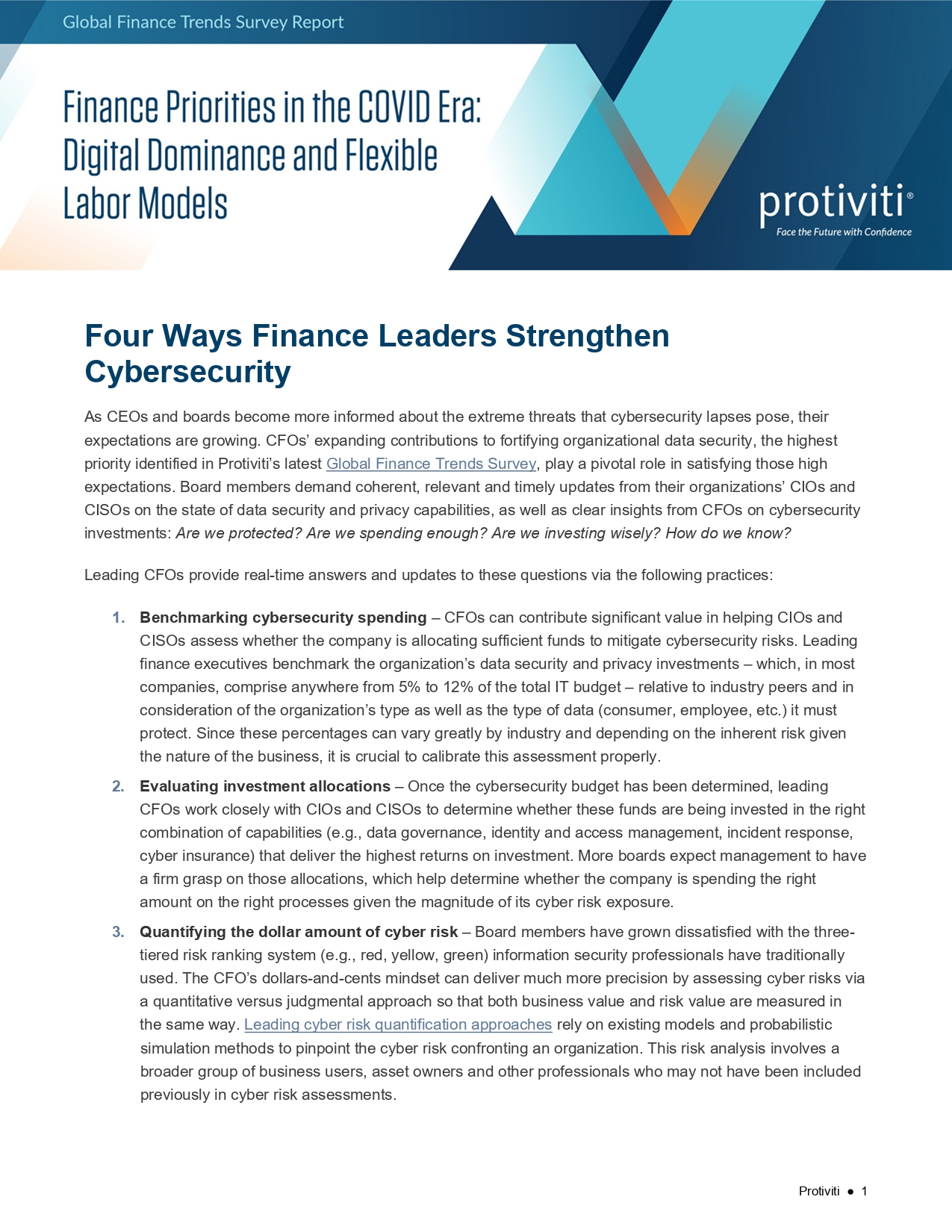 Screenshot of the first page of 2020 Finance Trends Survey Report: Four Ways Finance Leaders Strengthen Cybersecurity