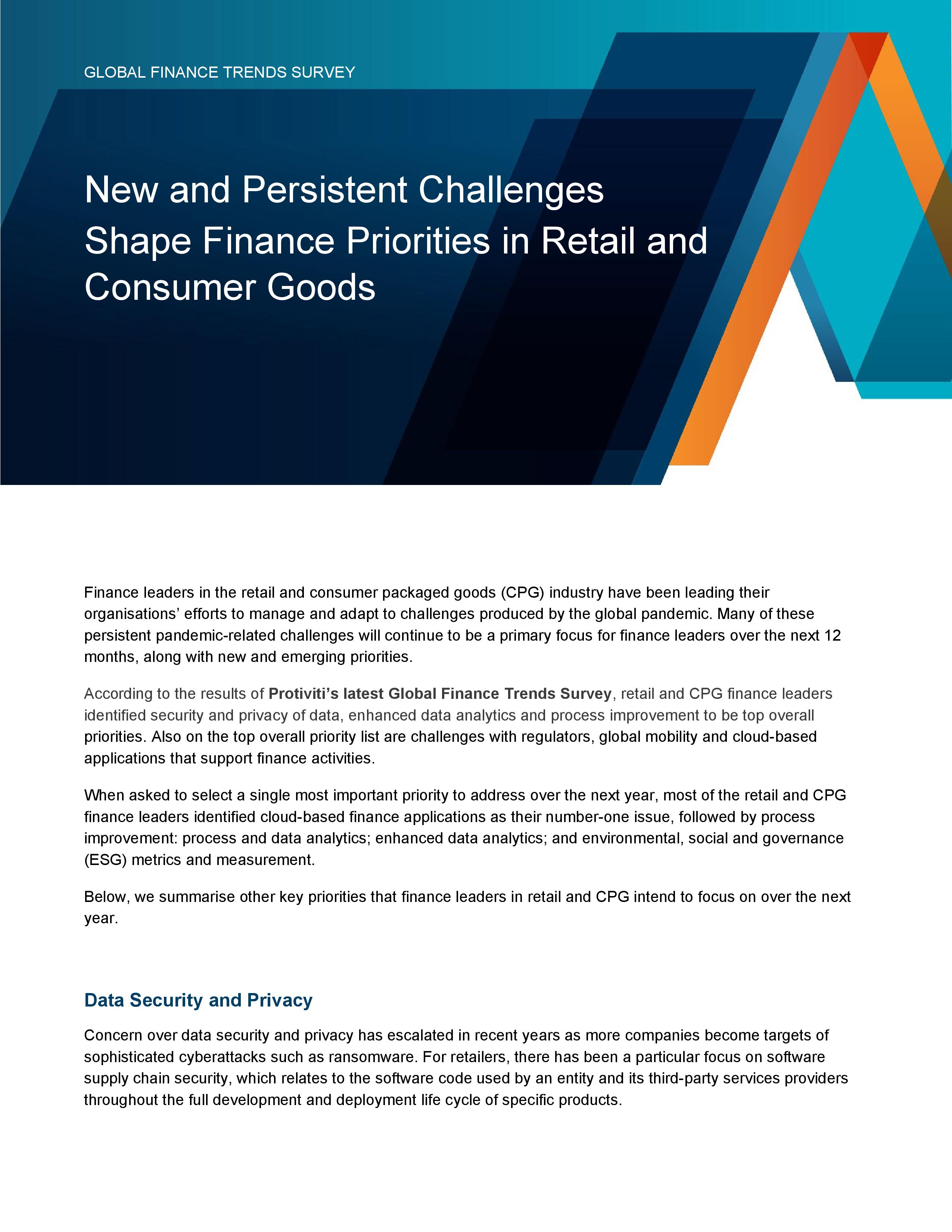 Screenshot of the first page of 2021 Finance Trends Survey Report Consumer Products and Retail Industry Group