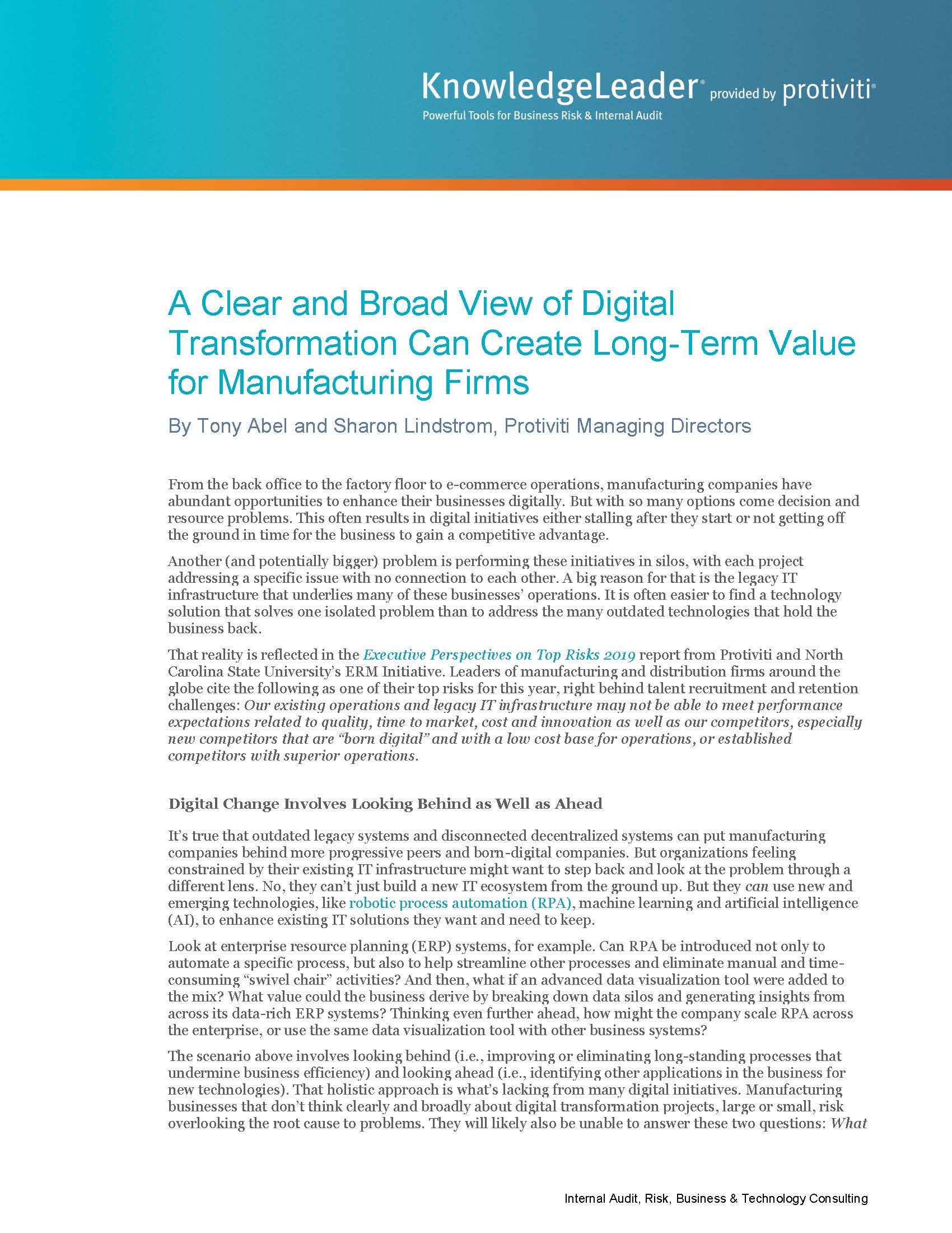 Screenshot of the first page of A Clear and Broad View of Digital Transformation Can Create Long-Term Value for Manufacturing Firms