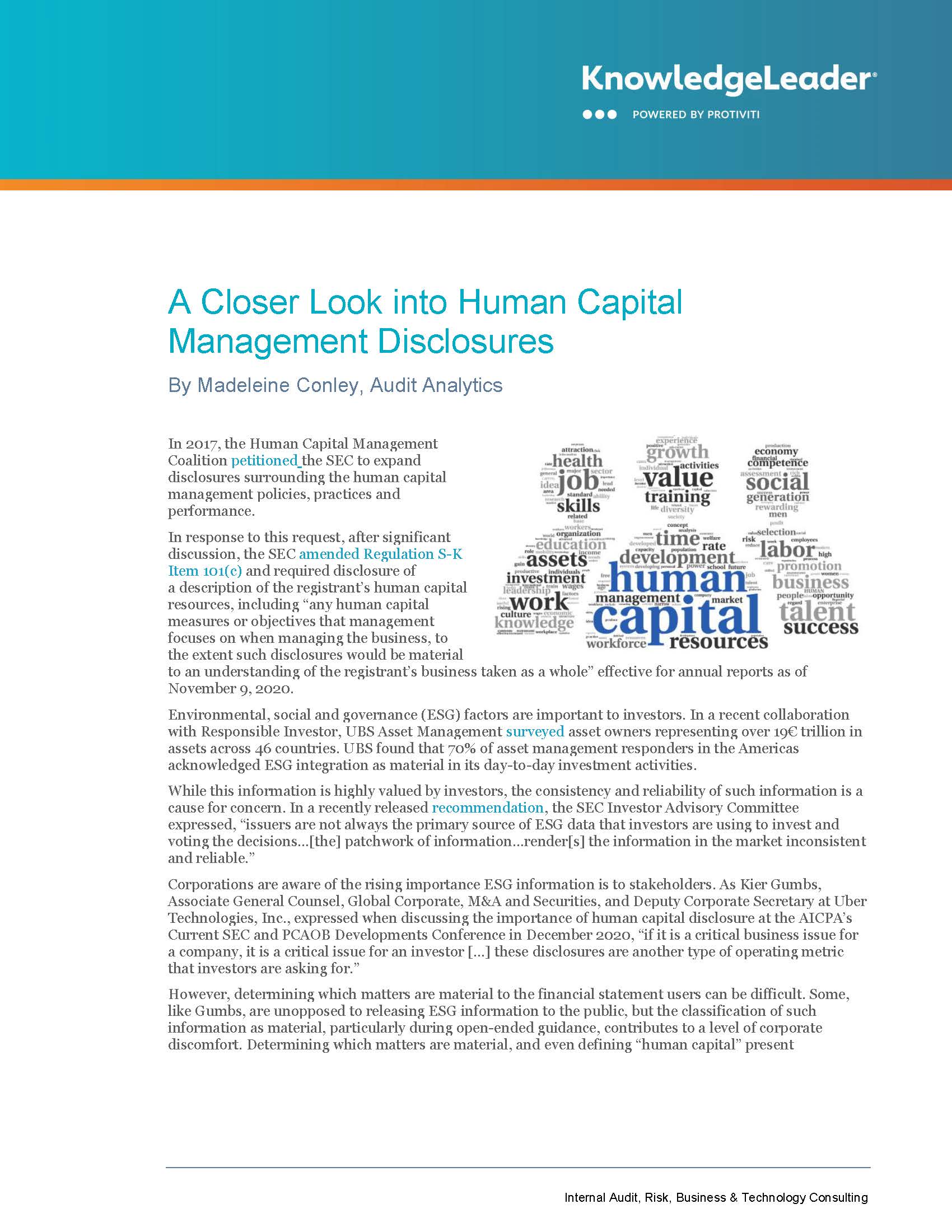 Screenshot of the first page of A Closer Look into Human Capital Management Disclosures
