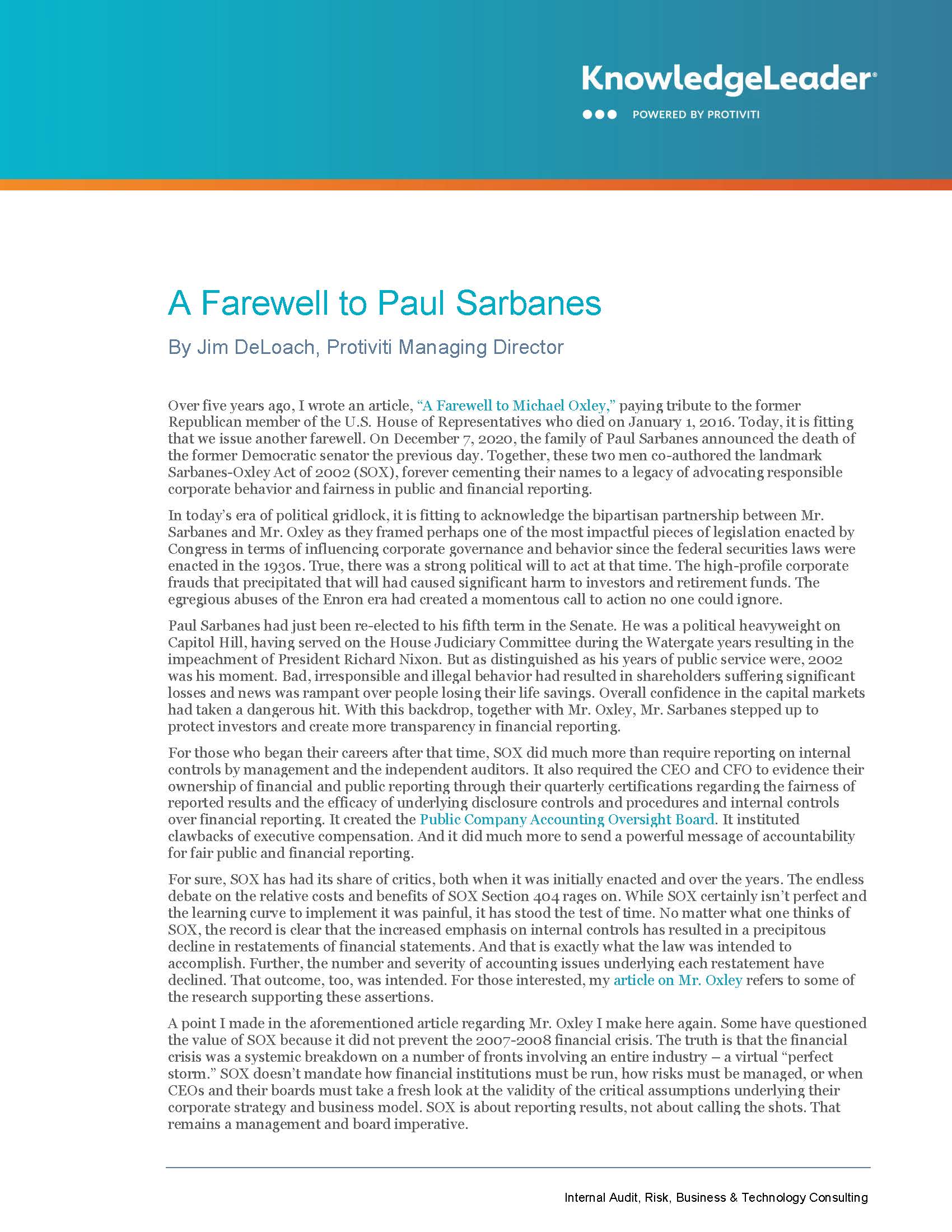 Screenshot of the first page of A Farewell to Paul Sarbanes