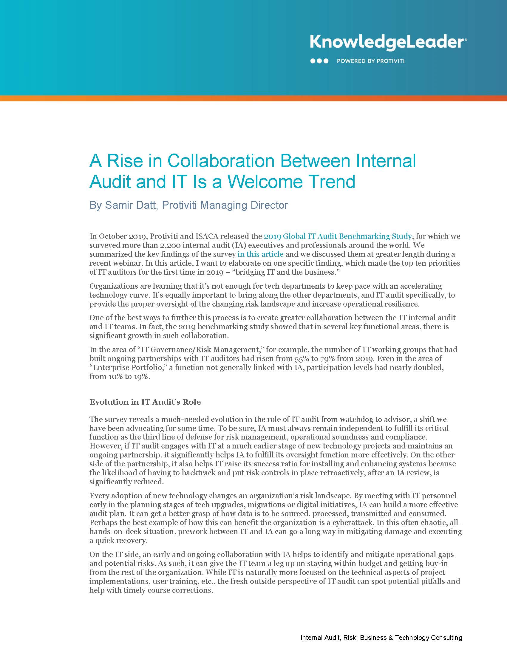Screenshot of the first page of A Rise in Collaboration Between Internal Audit and IT Is a Welcome Trend