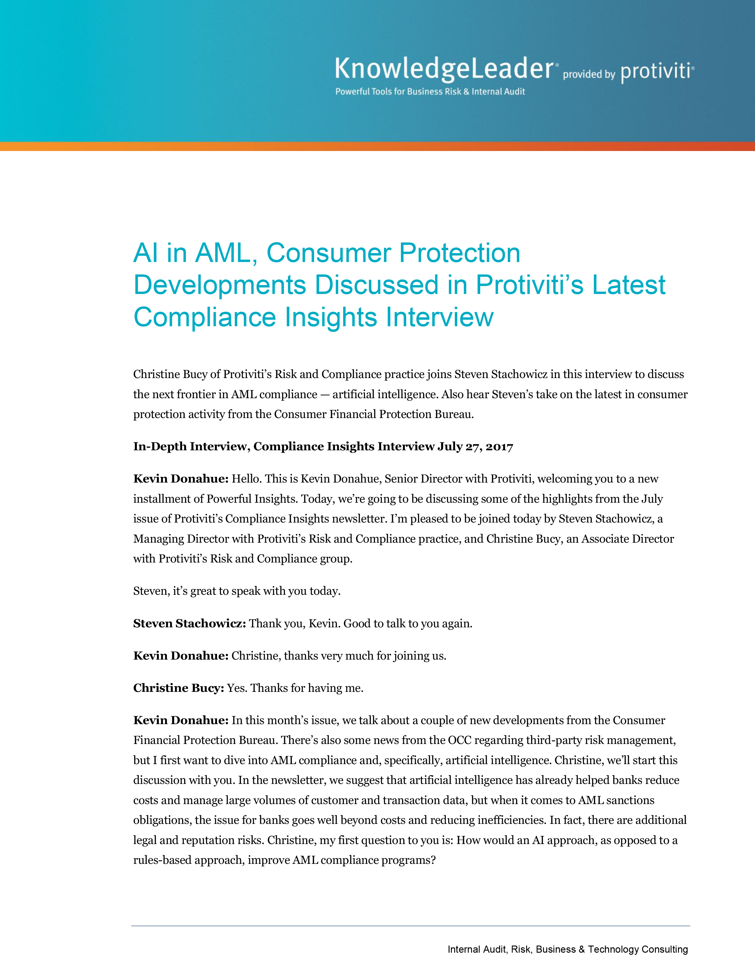 Screenshot of the first page of AI in AML, Consumer Protection Developments Interview