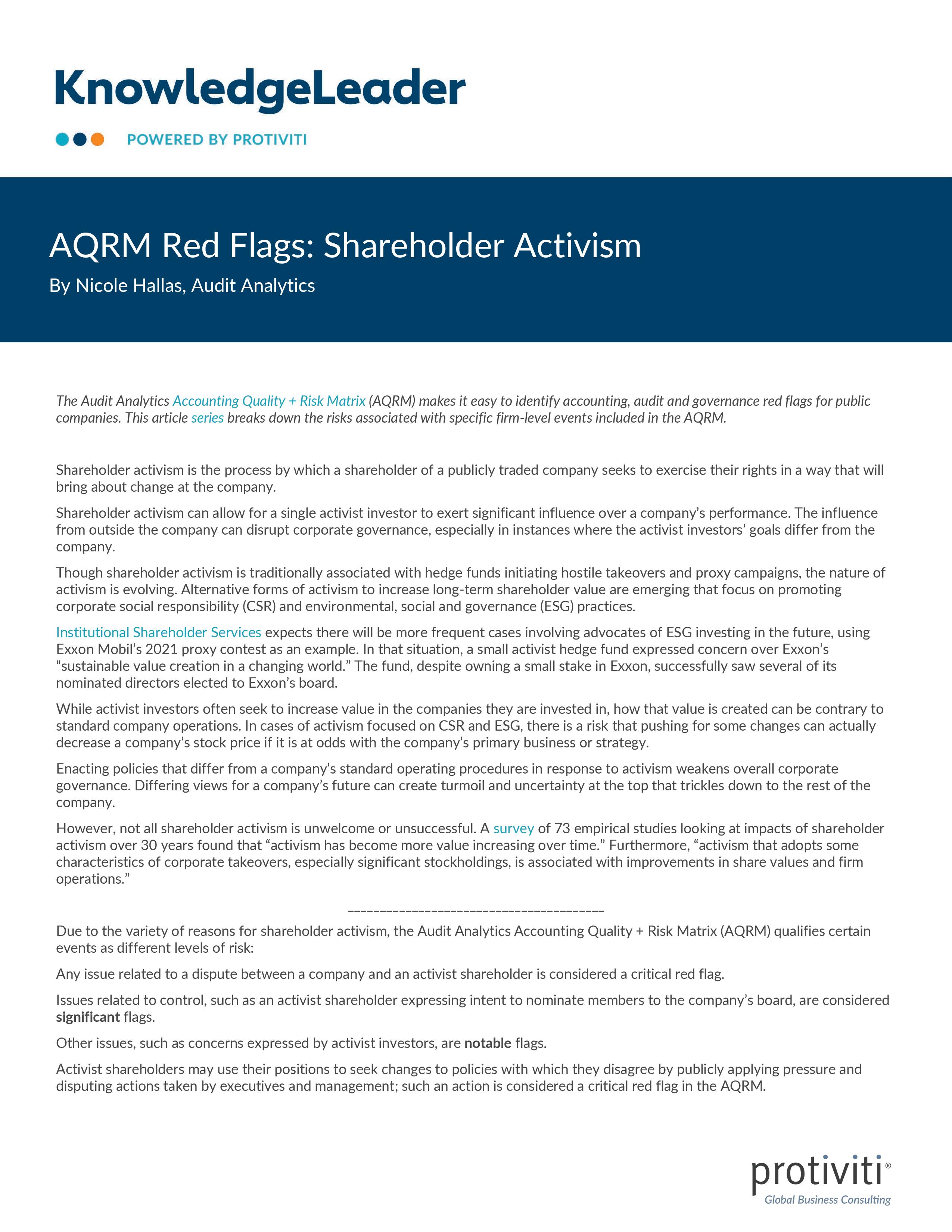 Screenshot of the first page of AQRM Red Flags Shareholder Activism-page-001