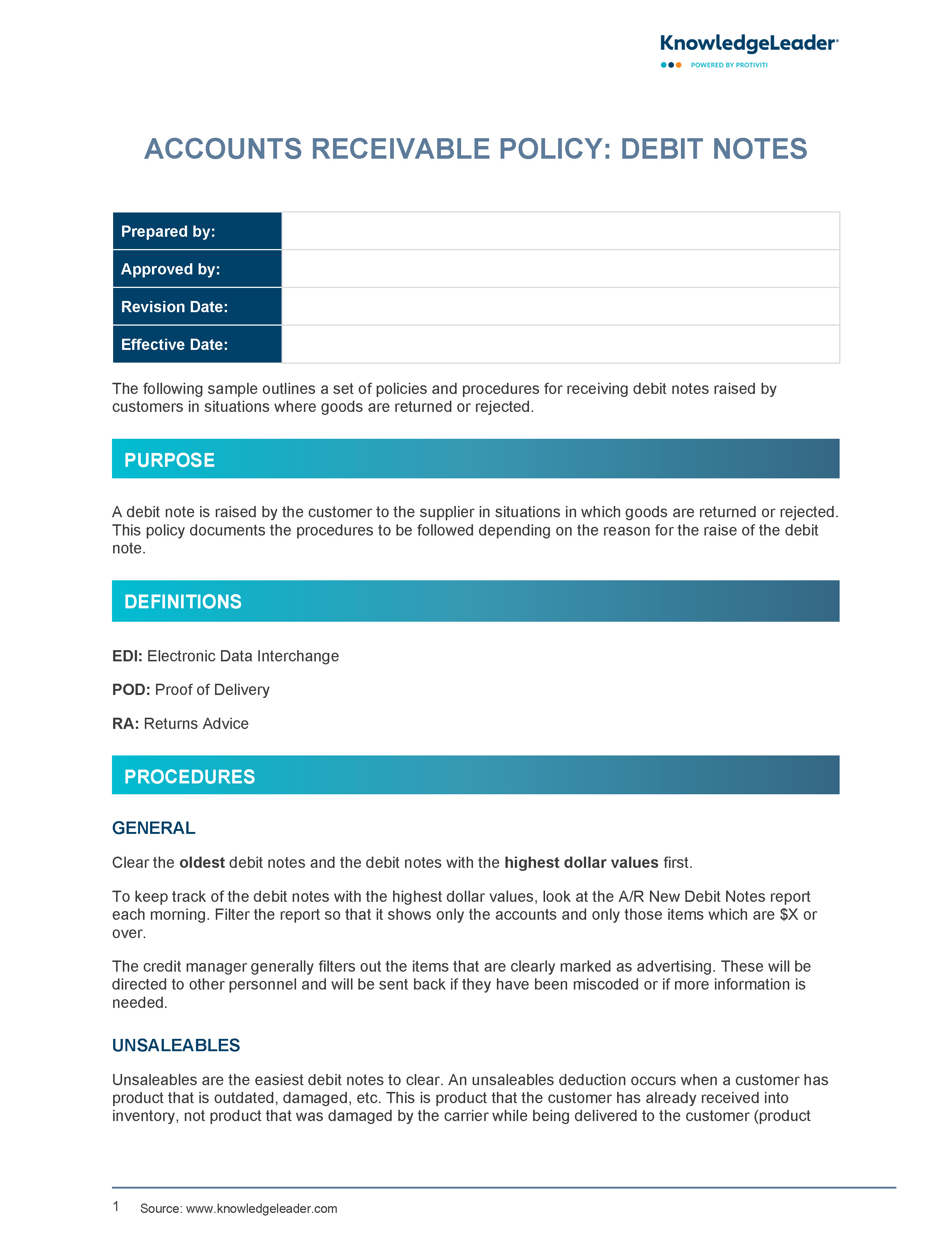 Screenshot of the first page of Accounts Receivable Policy - Debit Notes