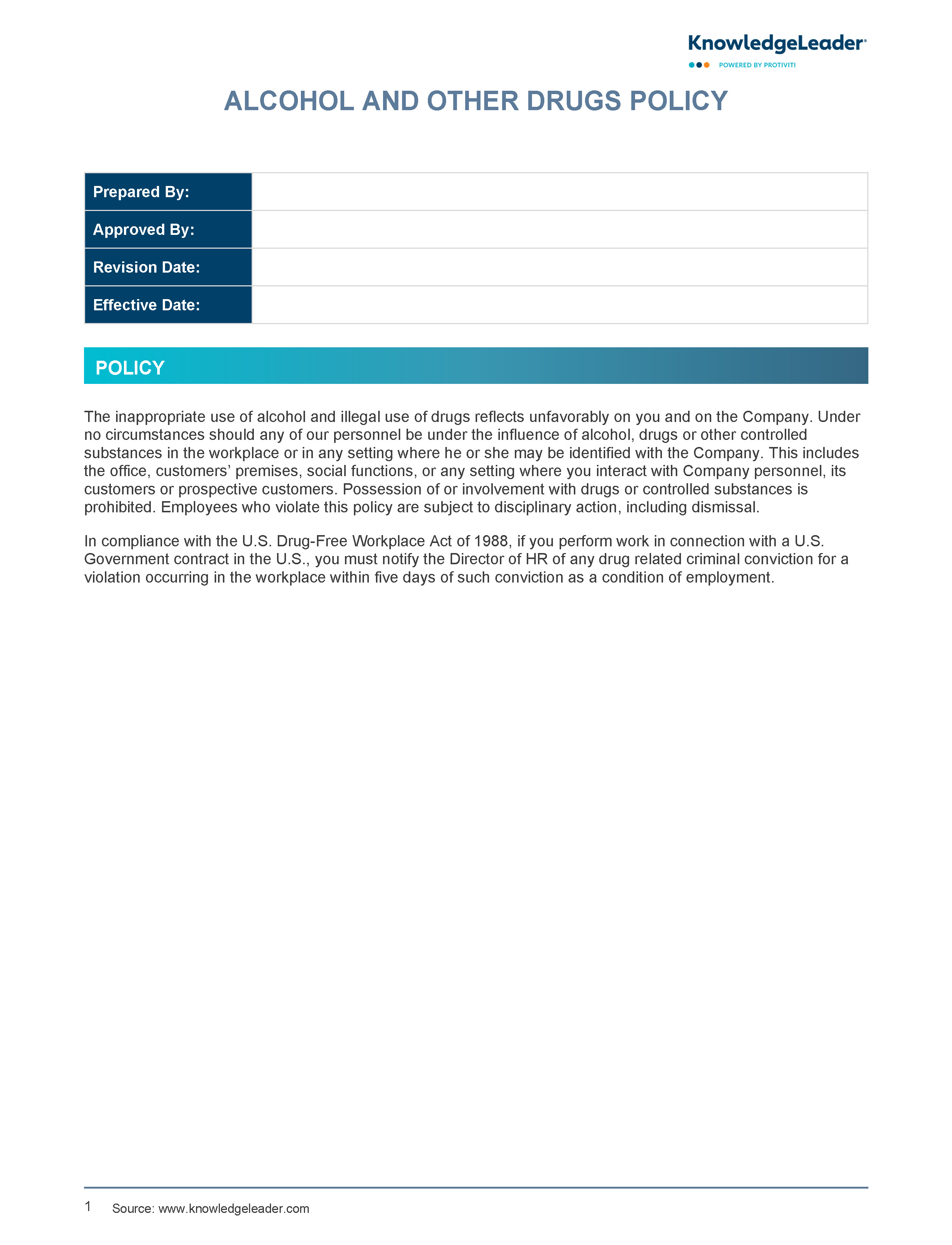 Screenshot of the first page of Alcohol and Other Drugs Policy