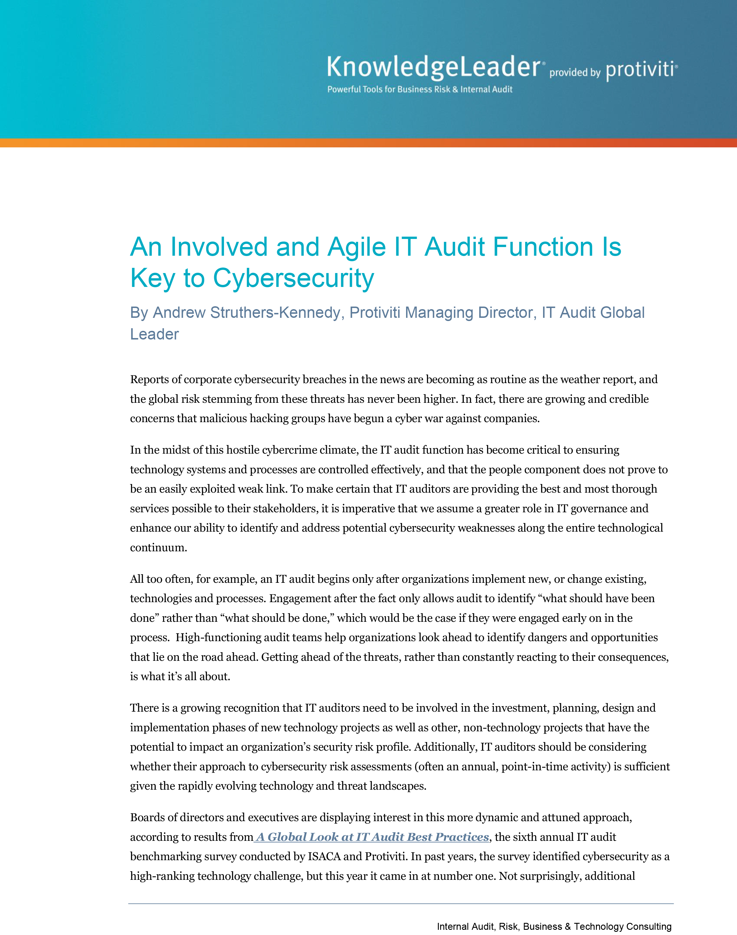 Screenshot of the first page of An Involved and Agile IT Audit Function is Key 5.21.18