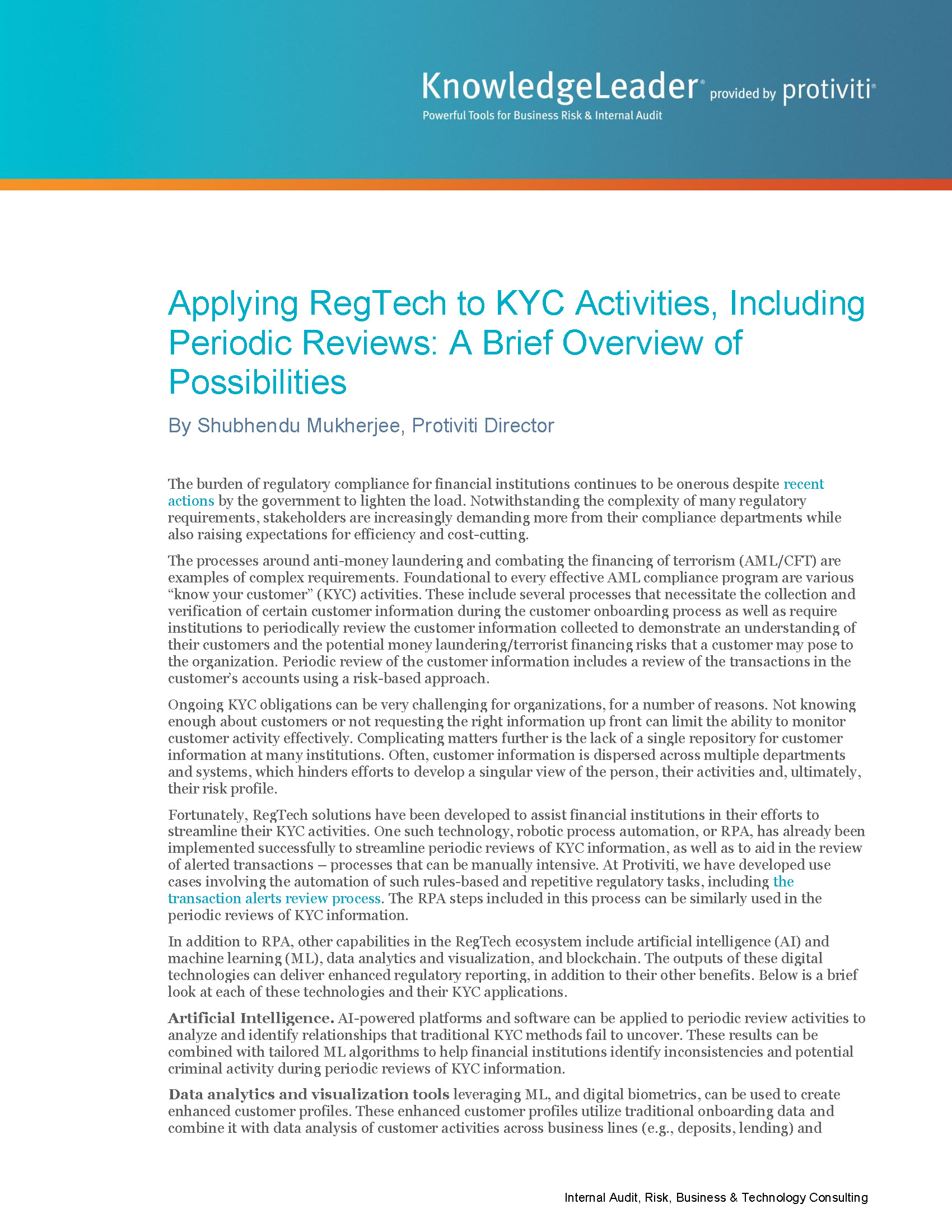Screenshot of the first page of Applying RegTech to KYC Activities, Including Periodic Reviews A Brief Overview of Possibilities