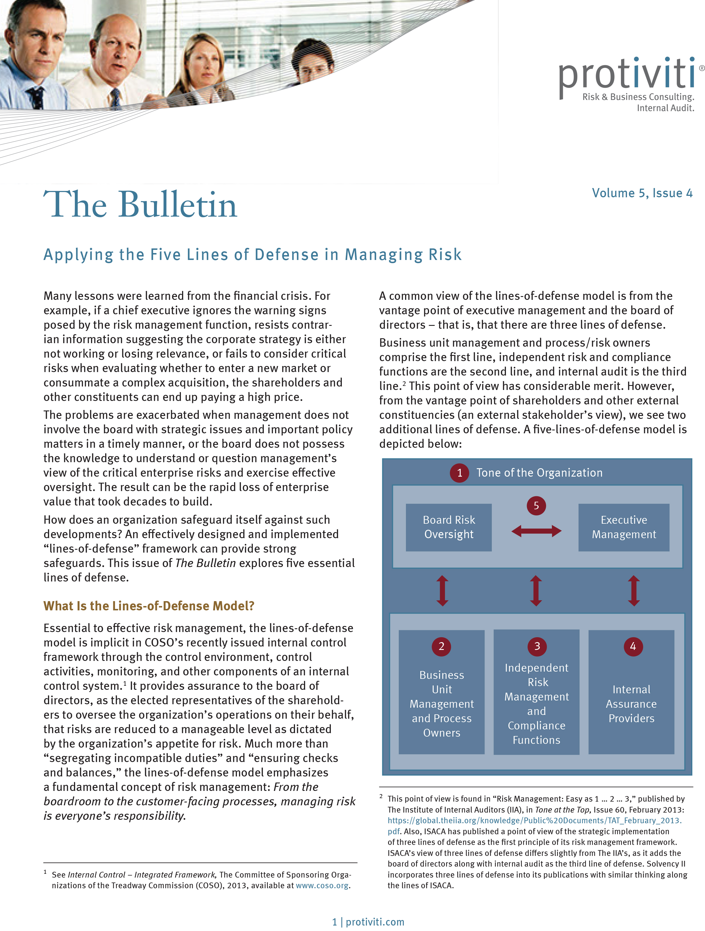 Screenshot of the first page of Applying the Five Lines of Defense in Managing Risk