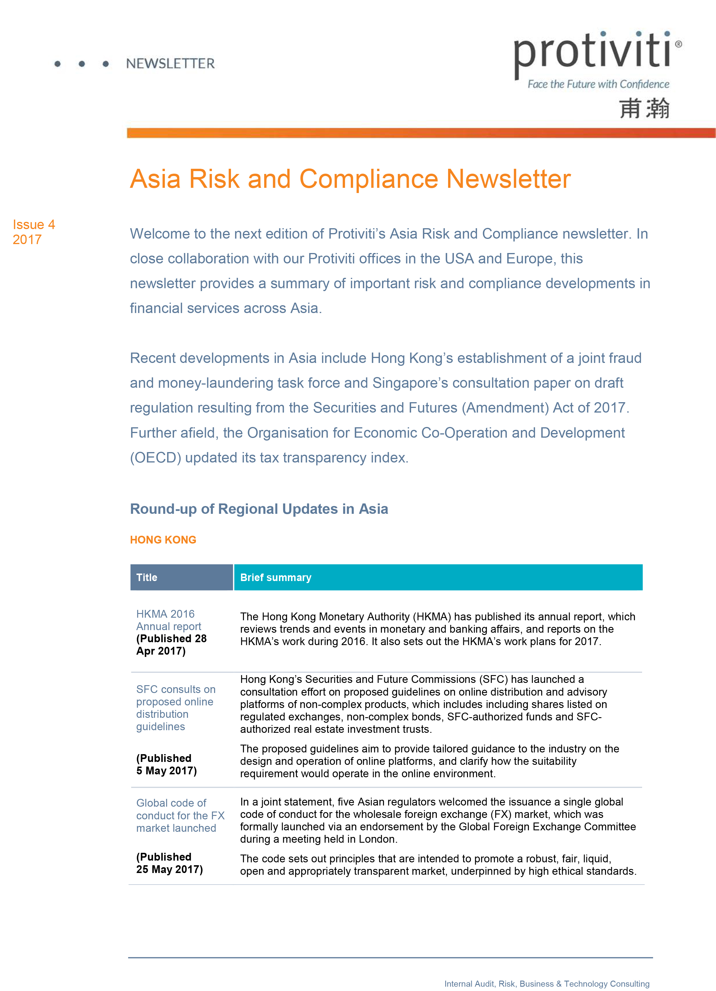 Screenshot of the first page of Asia Risk and Compliance Newsletter