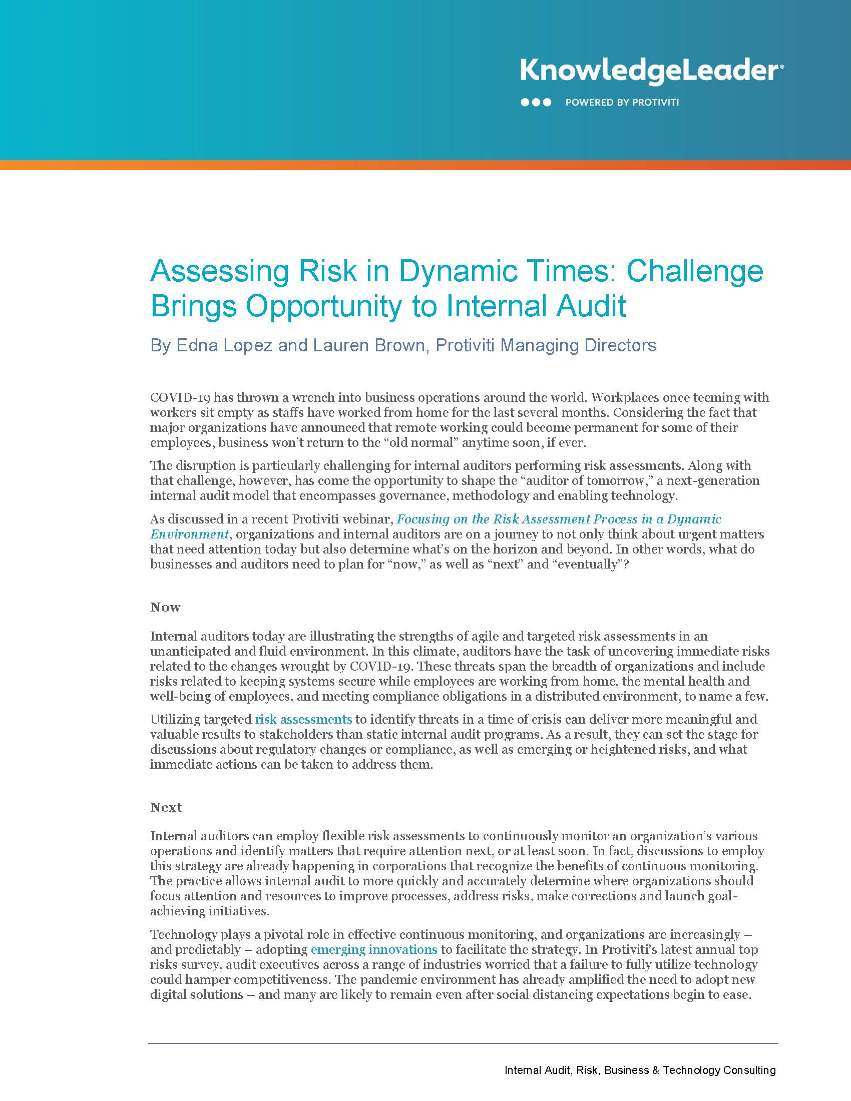Screenshot of the first page of (Assessing Risk in Dynamic Times: Challenge Brings Opportunity to Internal Audit)