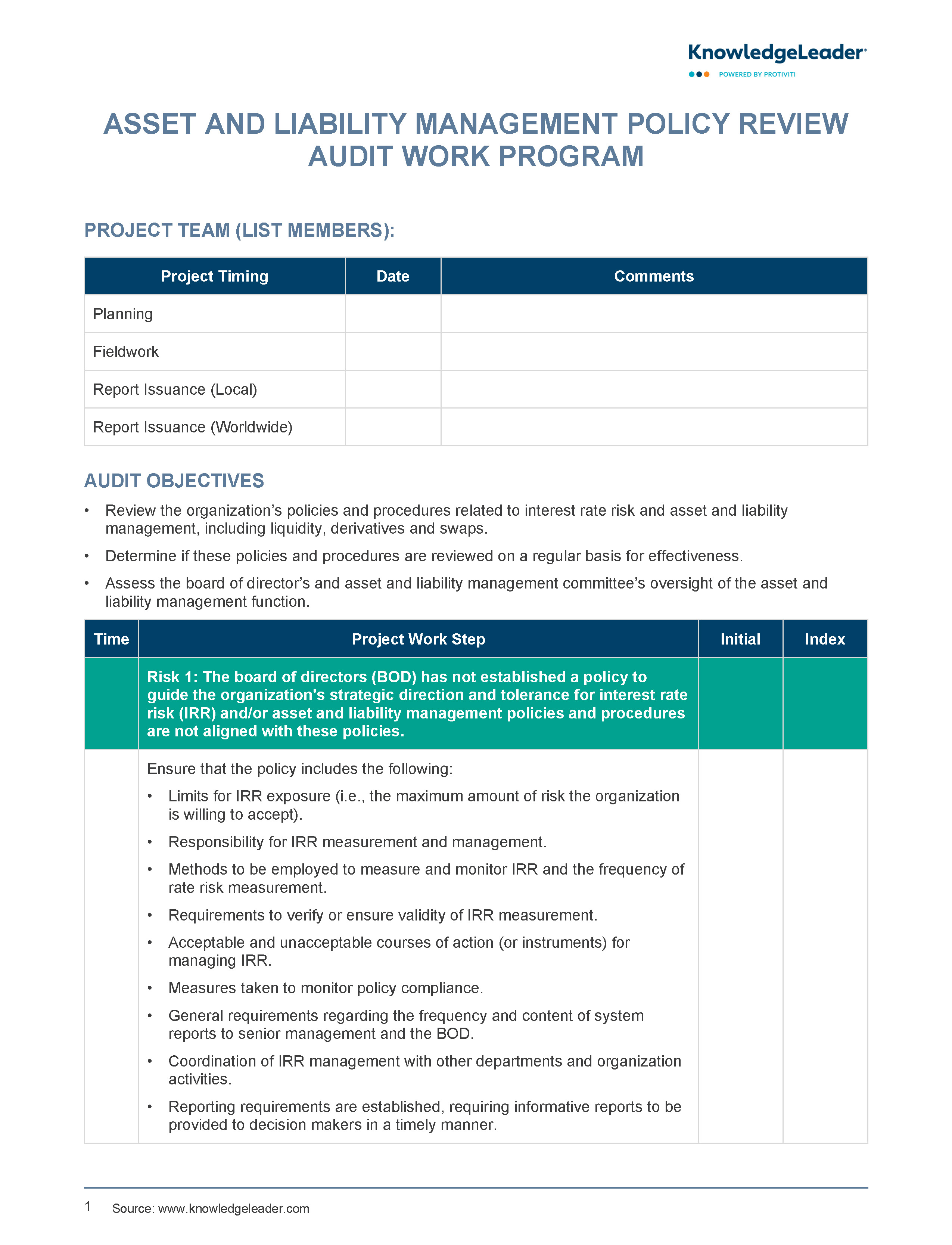 Screenshot of the first page of Asset and Liability Management Policy Review Audit Work Program