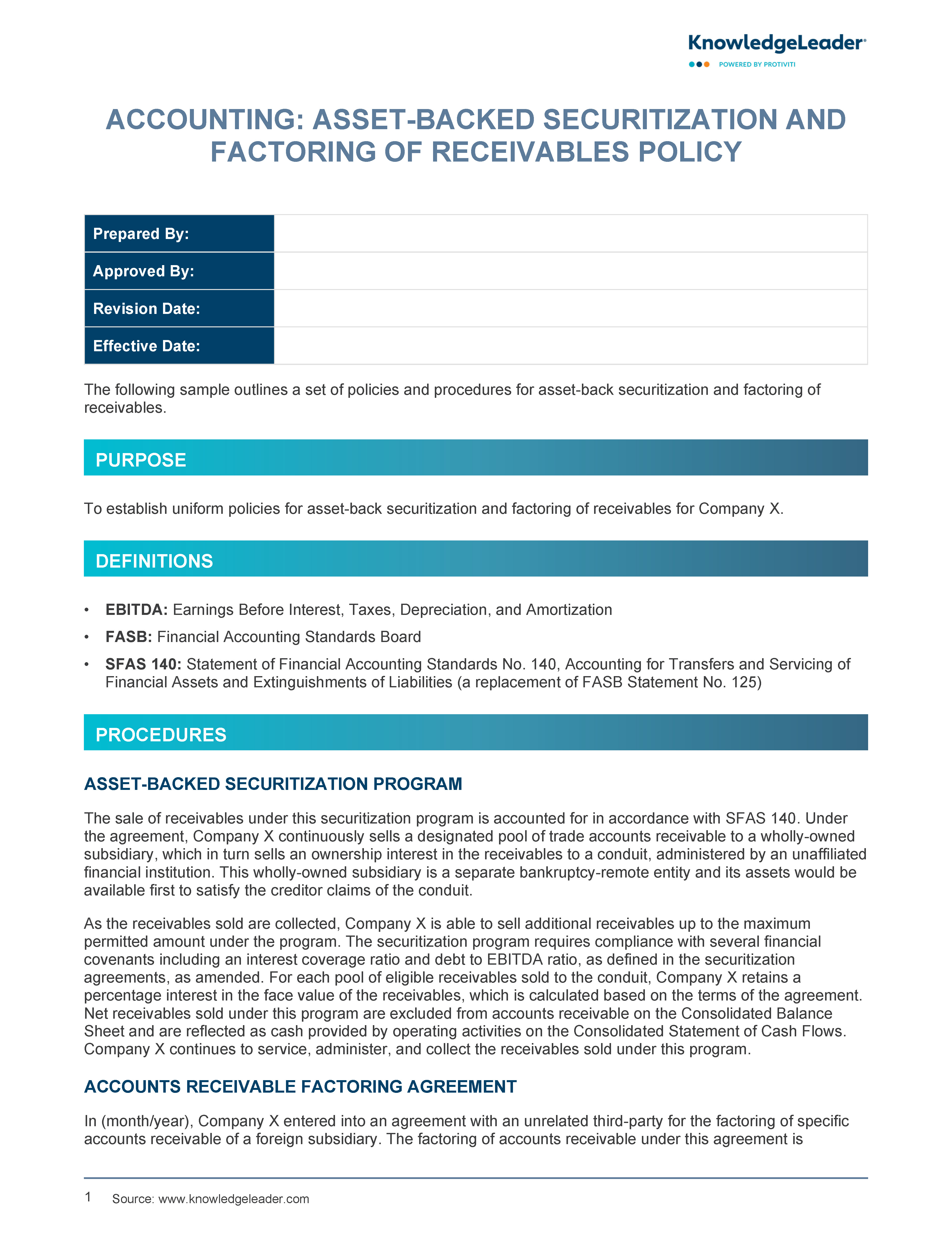 Screenshot of the first page of Asset-Backed Securitization and Factoring of Receivables Policy