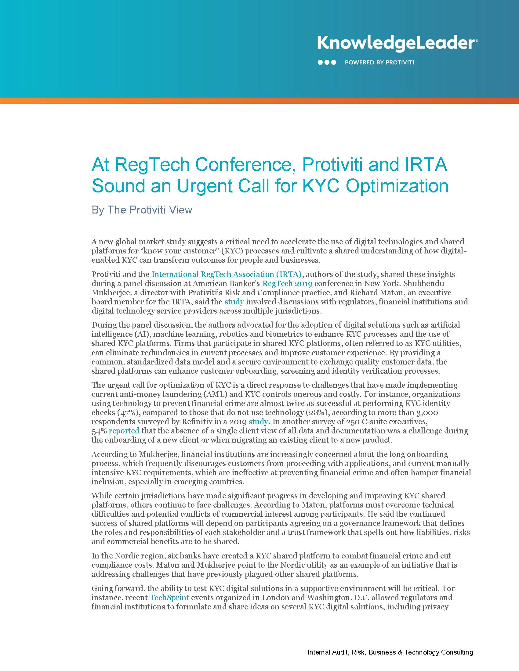 Screenshot of the first page of At RegTech Conference, Protiviti and IRTA Sound an Urgent Call for KYC Optimization