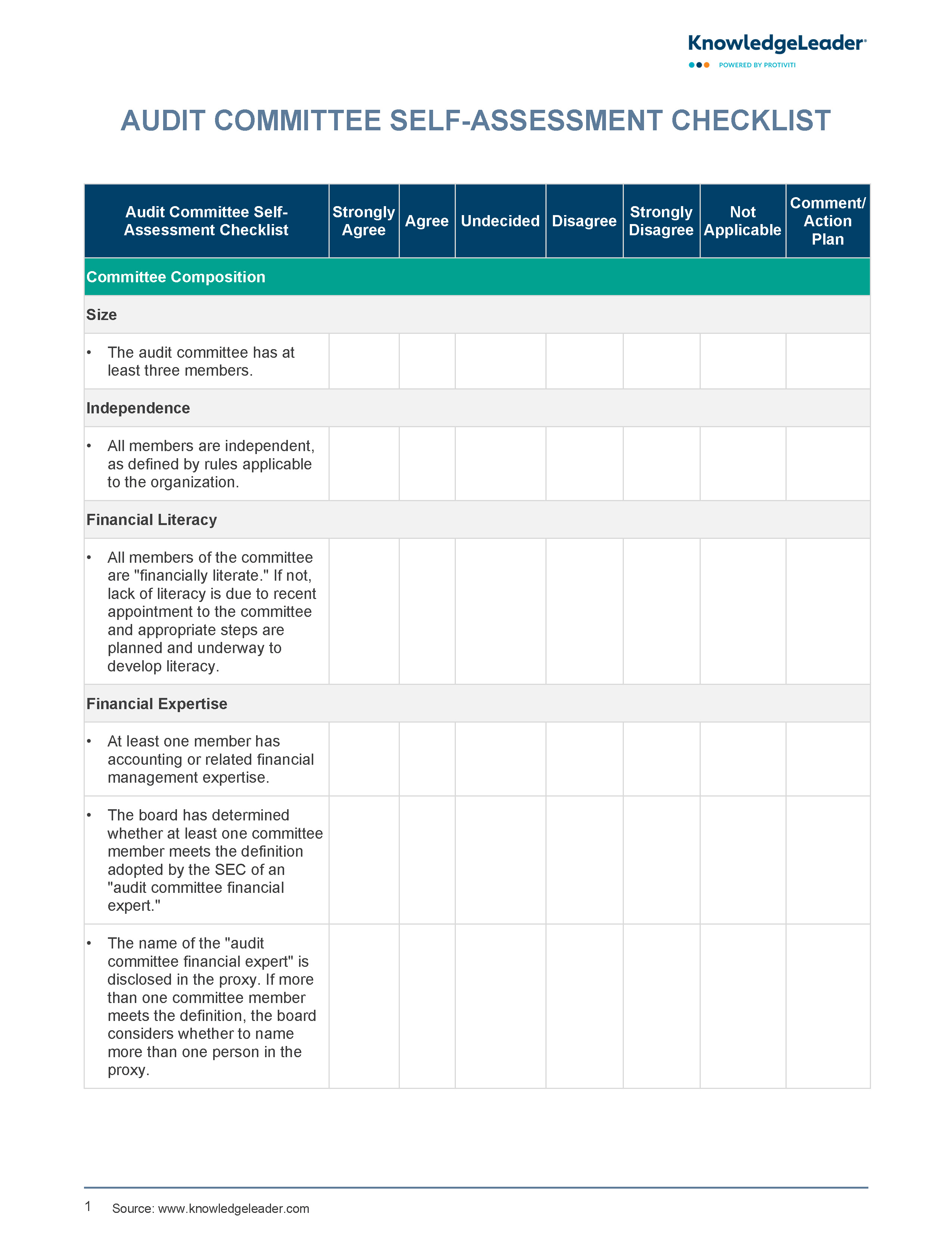 Screenshot of the first page of Audit Committee Self-Assessment Checklist