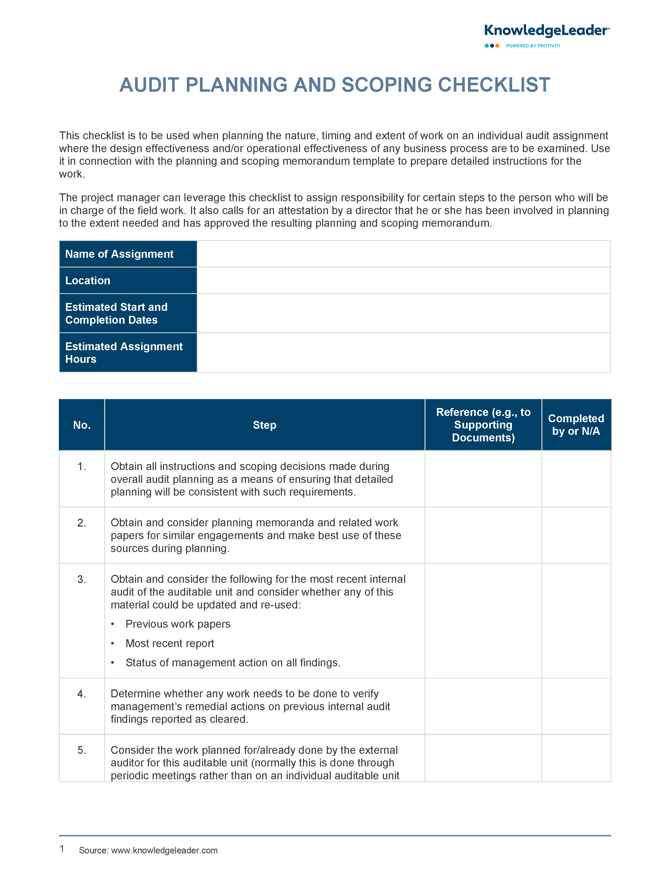 Screenshot of the first page of Audit Planning and Scoping Checklist.