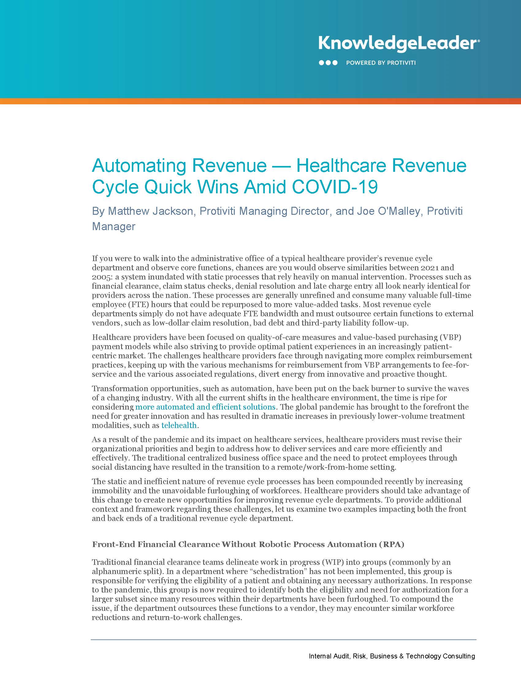 Screenshot of the first page of Automating Revenue — Healthcare Revenue Cycle Quick Wins Amid COVID-19
