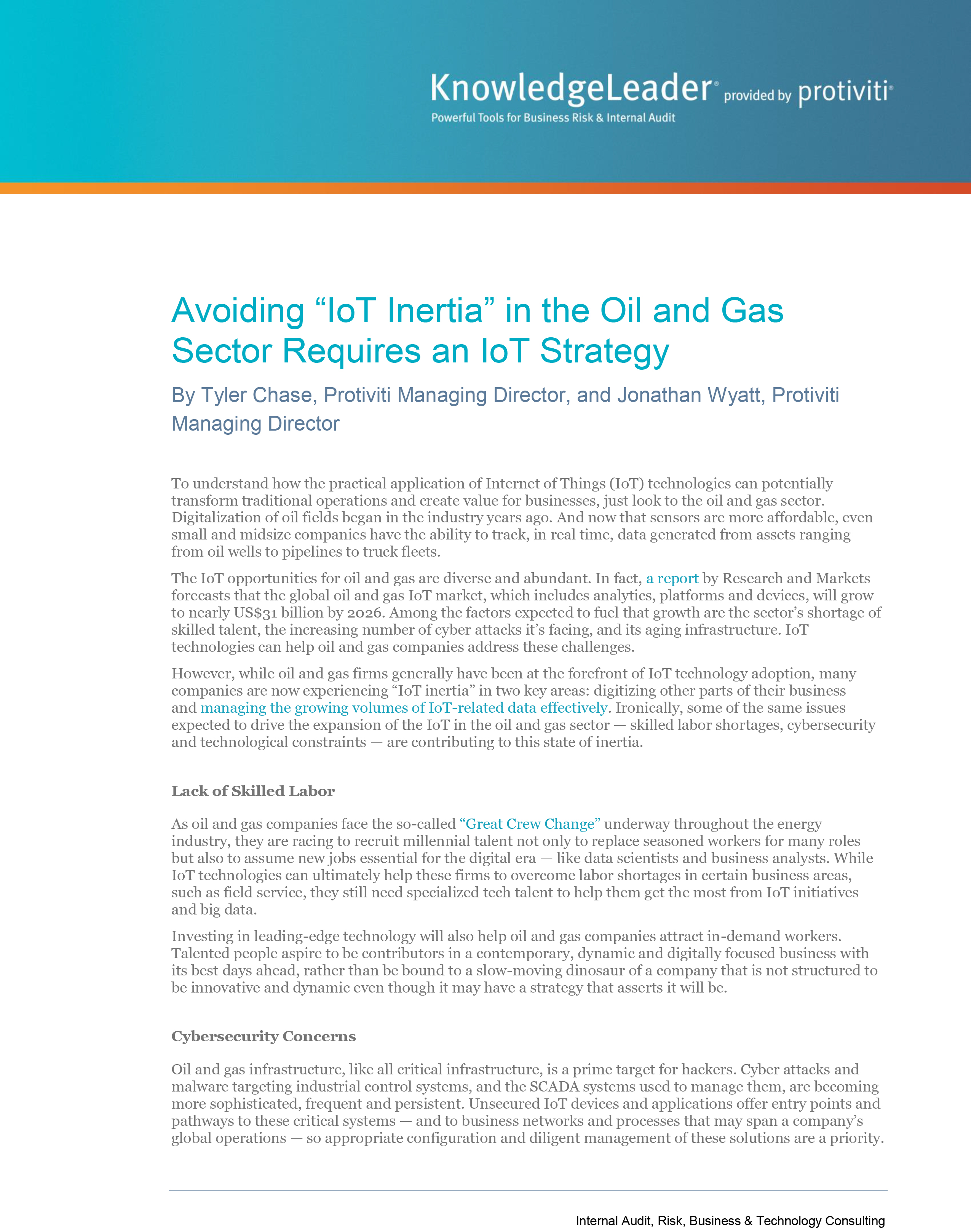 Screenshot of the first page of Avoiding “IoT Inertia” in the Oil and Gas Sector Requires an IoT Strategy