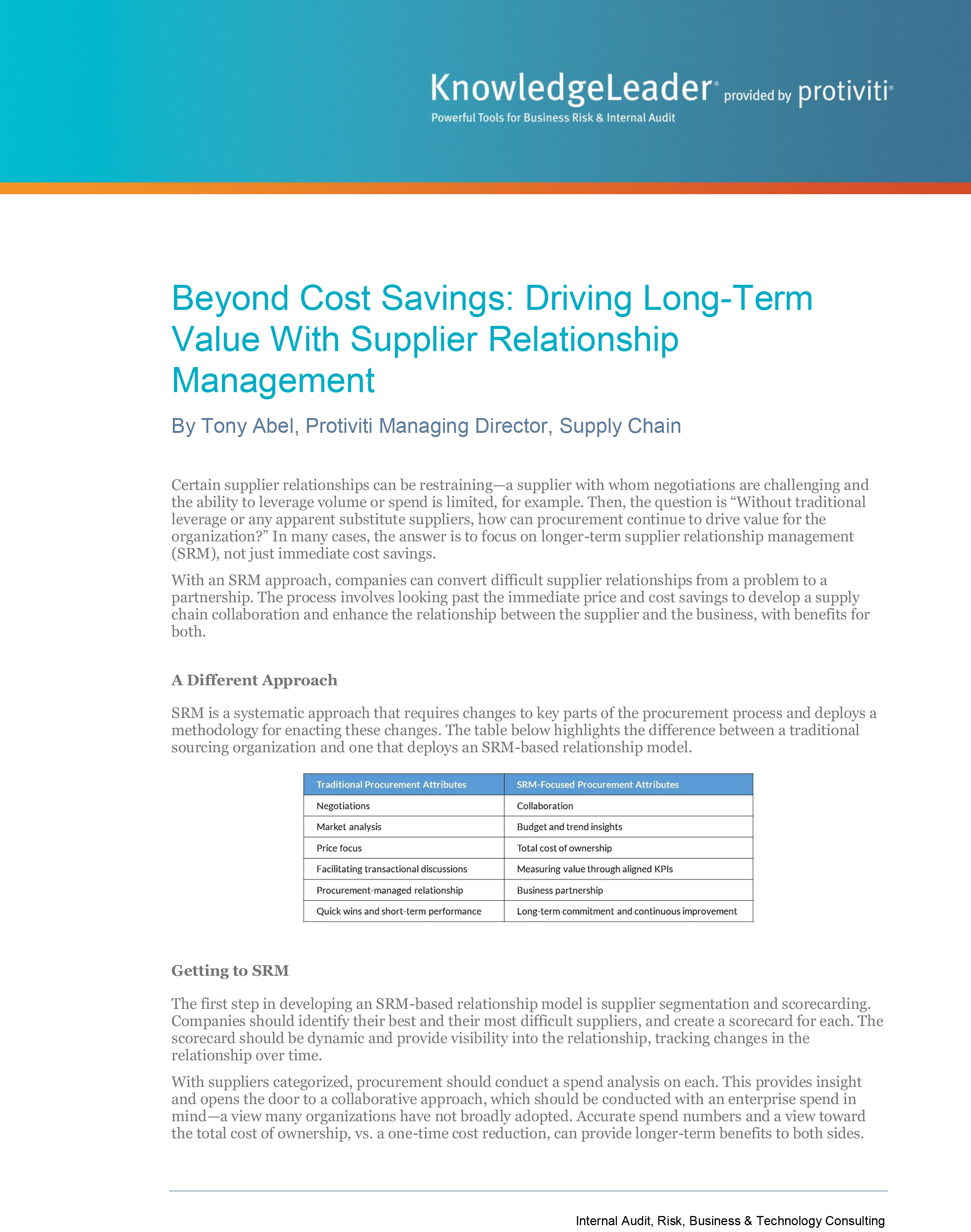 Screenshot of the first page of Beyond Cost Savings - Driving Long-Term Value With Supplier Relationship Management