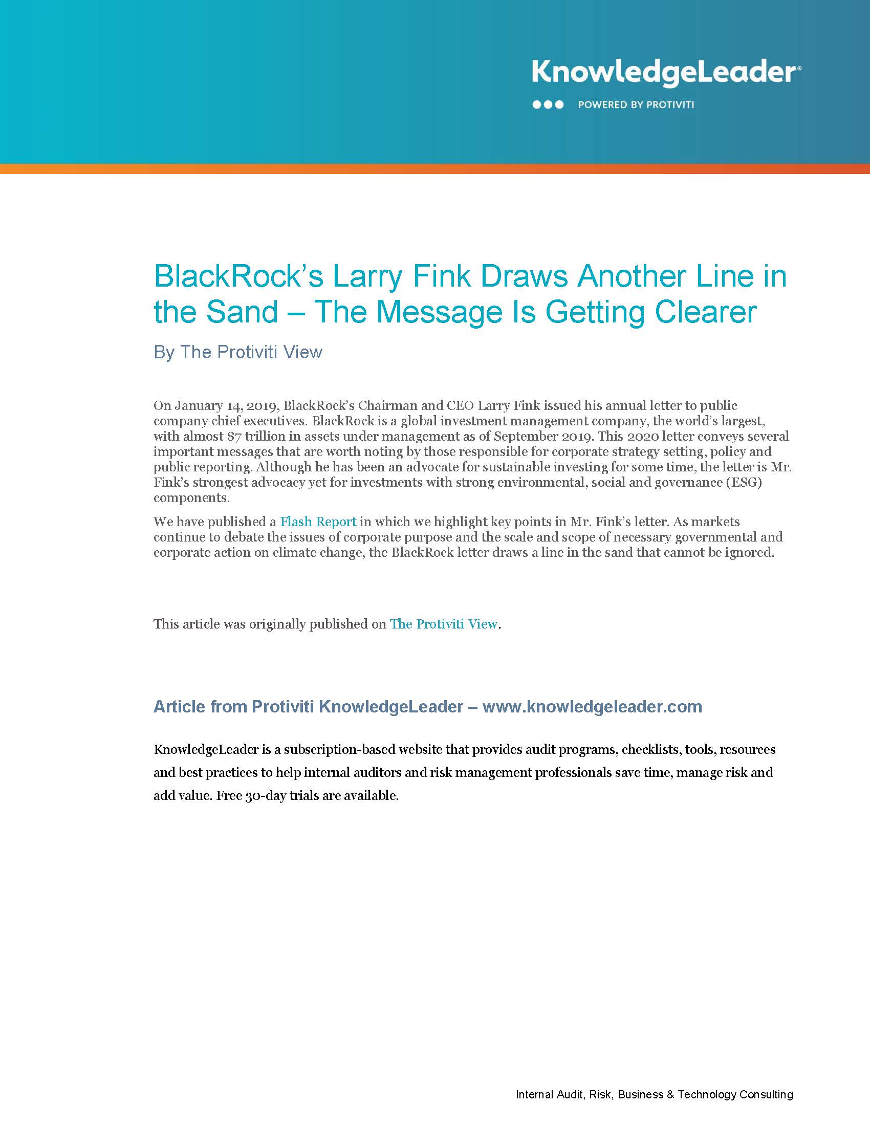 Screenshot of the first page of BlackRock’s Larry Fink Draws Another Line in the Sand — The Message is Getting Clearer