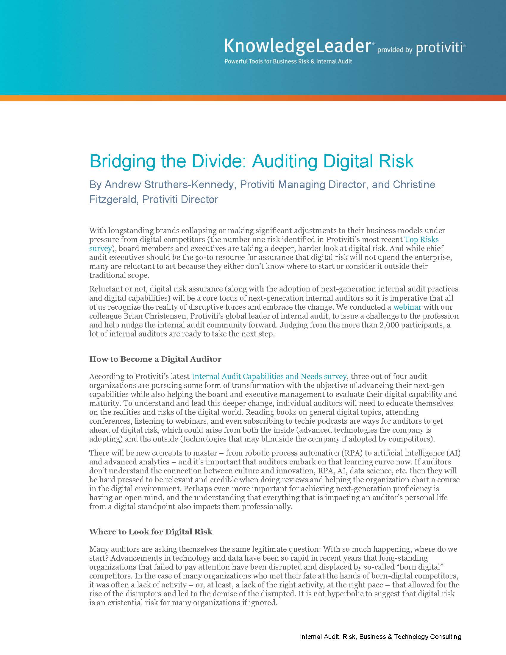 Screenshot of the first page of Bridging the Divide Auditing Digital Risk