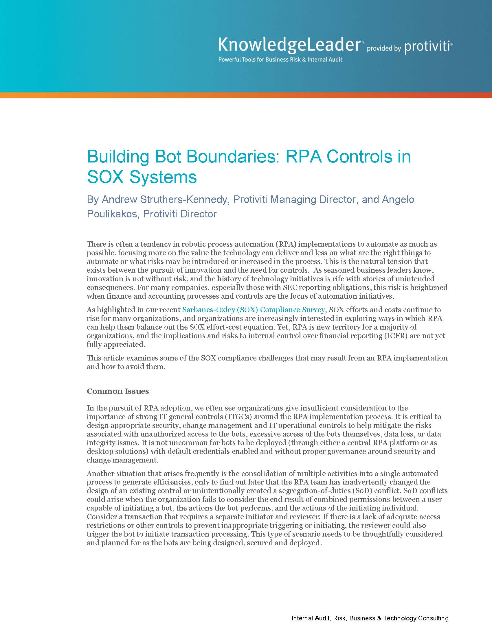 Screenshot of the first page of Building Bot Boundaries RPA Controls in SOX Systems