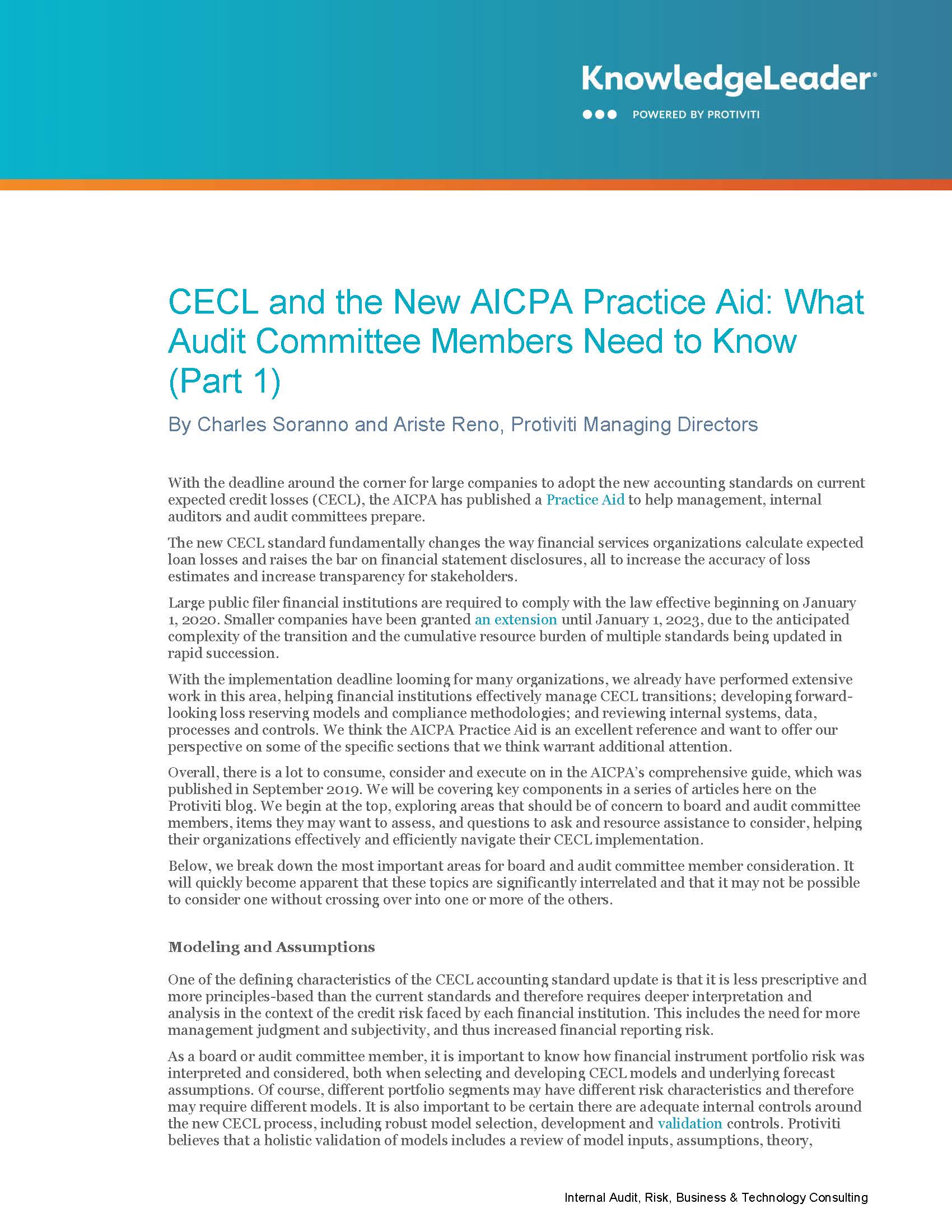 Screenshot of the first page of CECL and the new AICPA Practice Aid What Audit Committee Members Need to Know Part 1