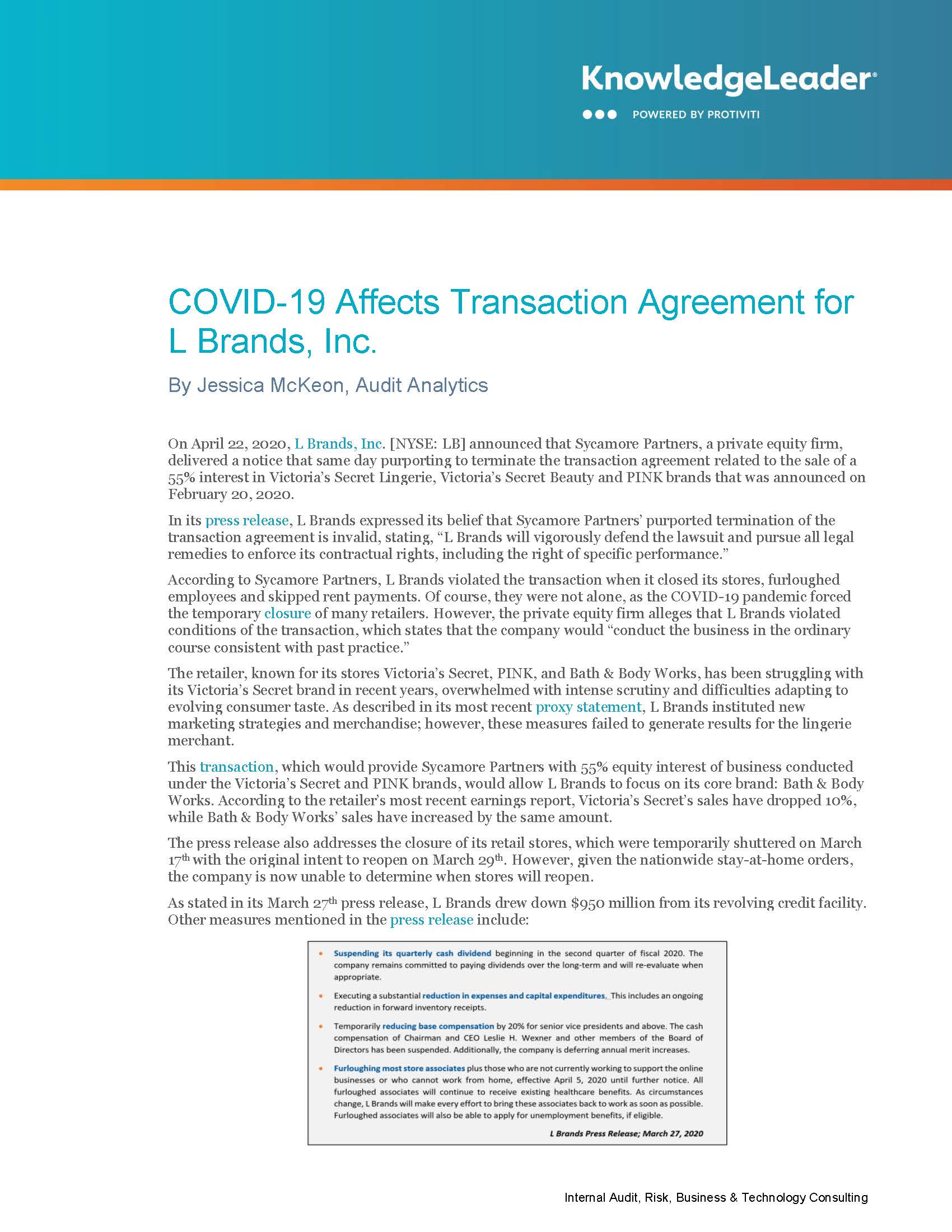 Screenshot of the first page of COVID-19 Affects Transaction Agreement for L Brands, Inc.