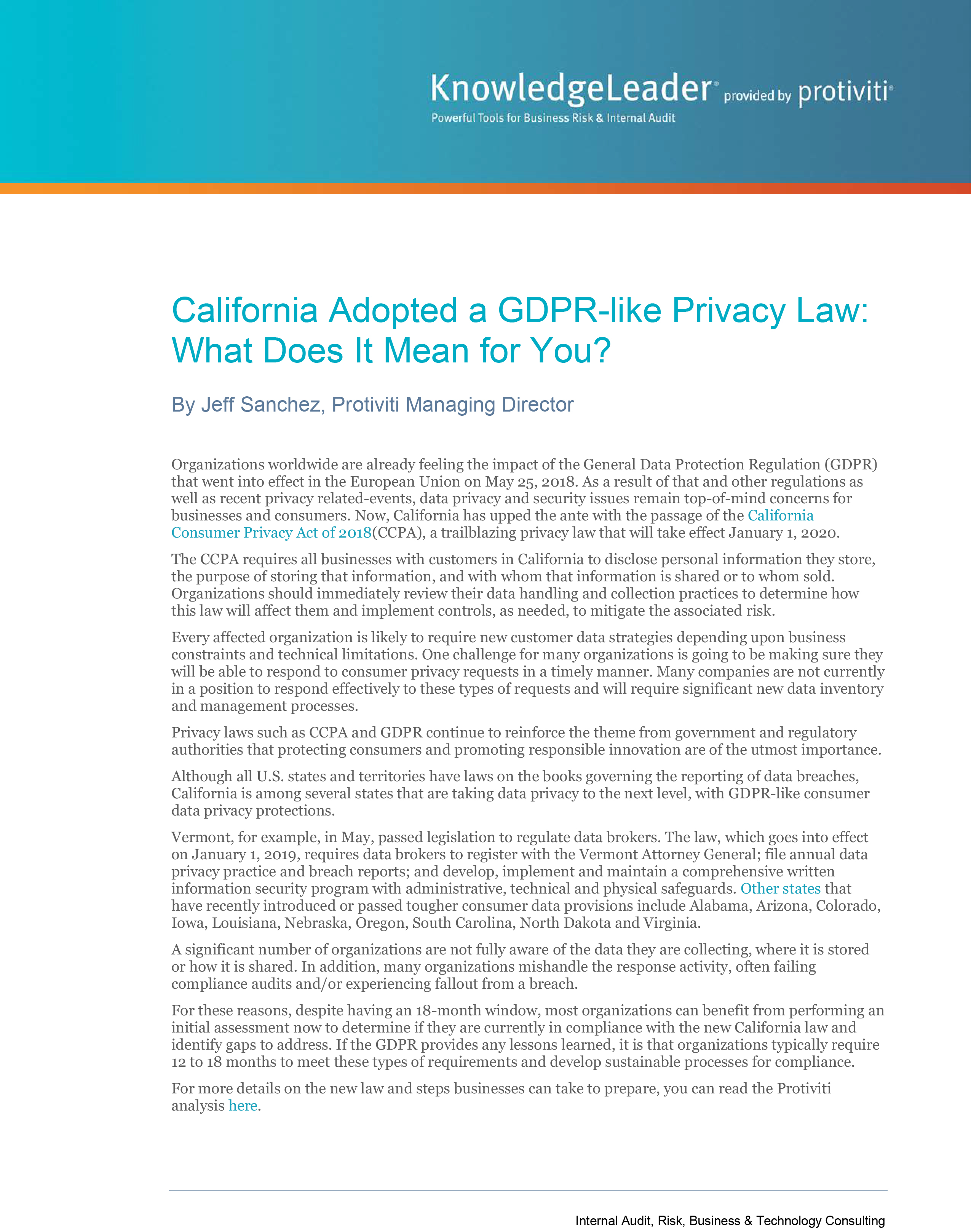 Screenshot of the first page of California Adopted a GDPR-like Privacy Law: What Does It Mean for You?