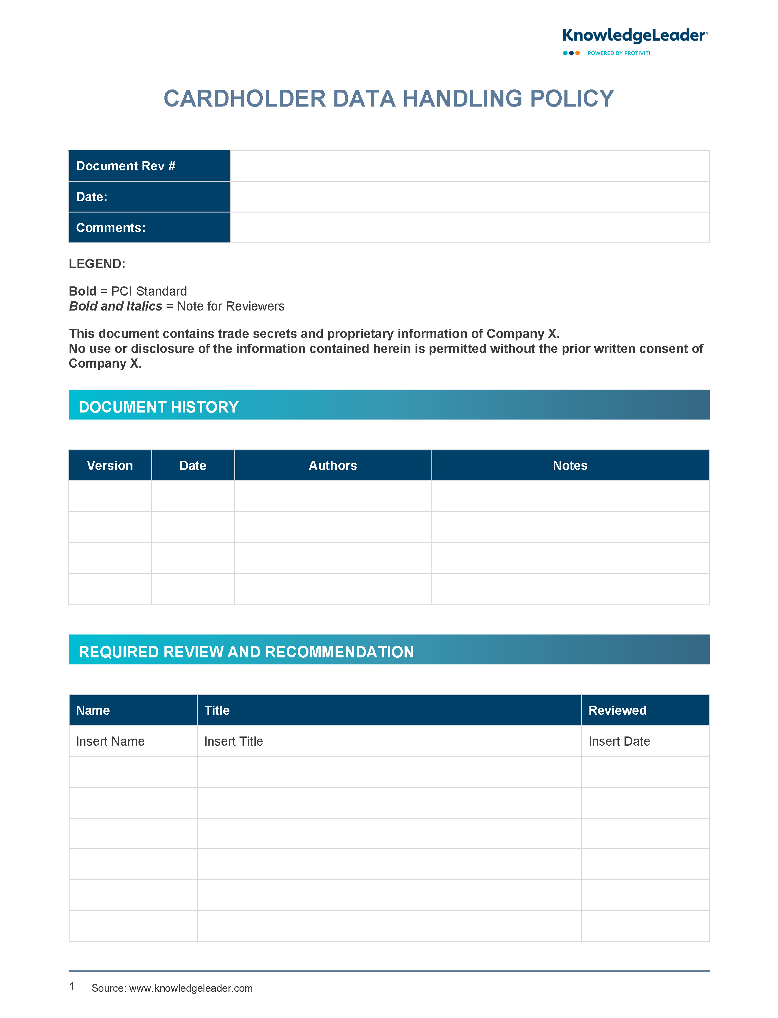 Screenshot of the first page of Cardholder Data Handling Policy.
