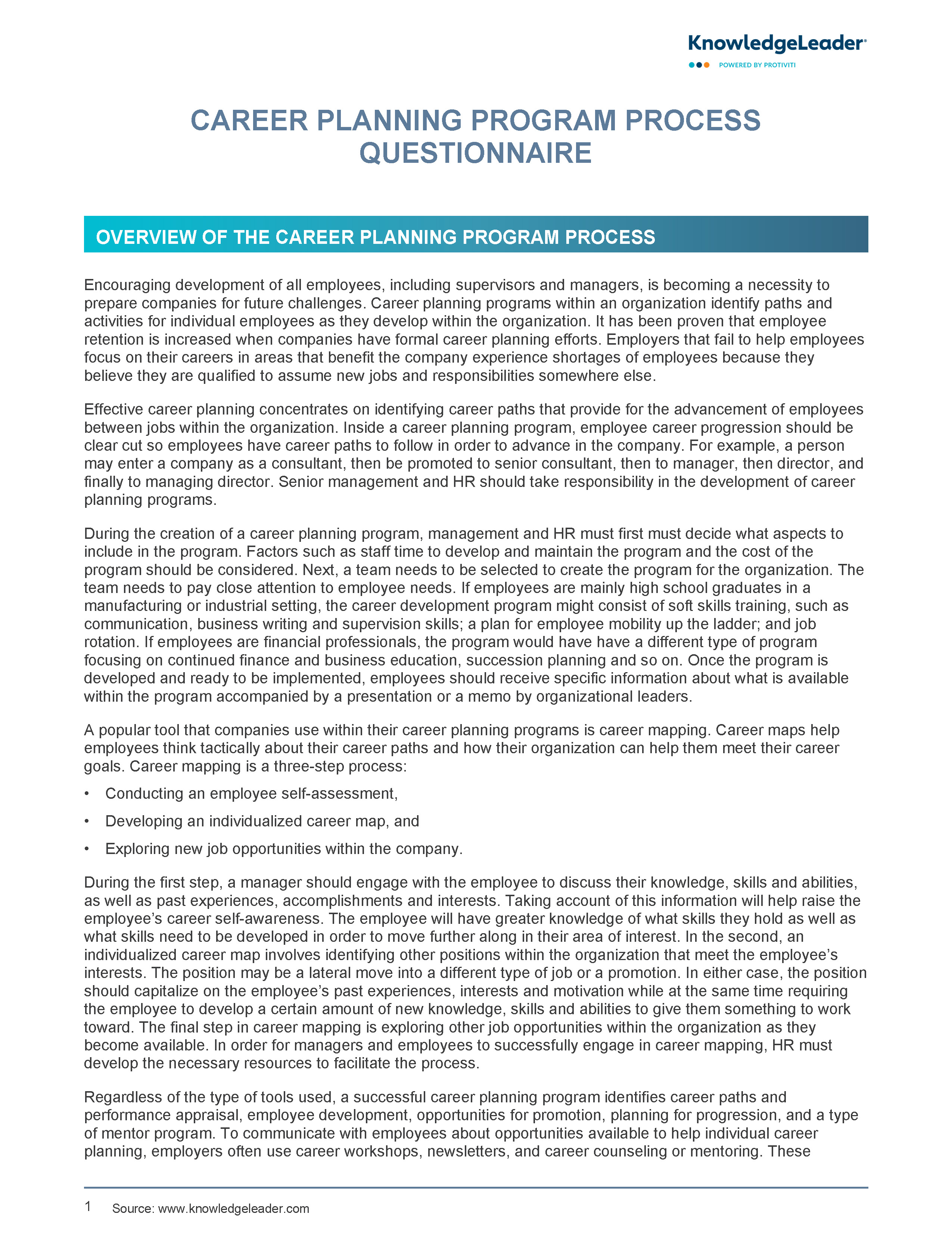 Screenshot of the first page of Career Planning Program Process Questionnaire