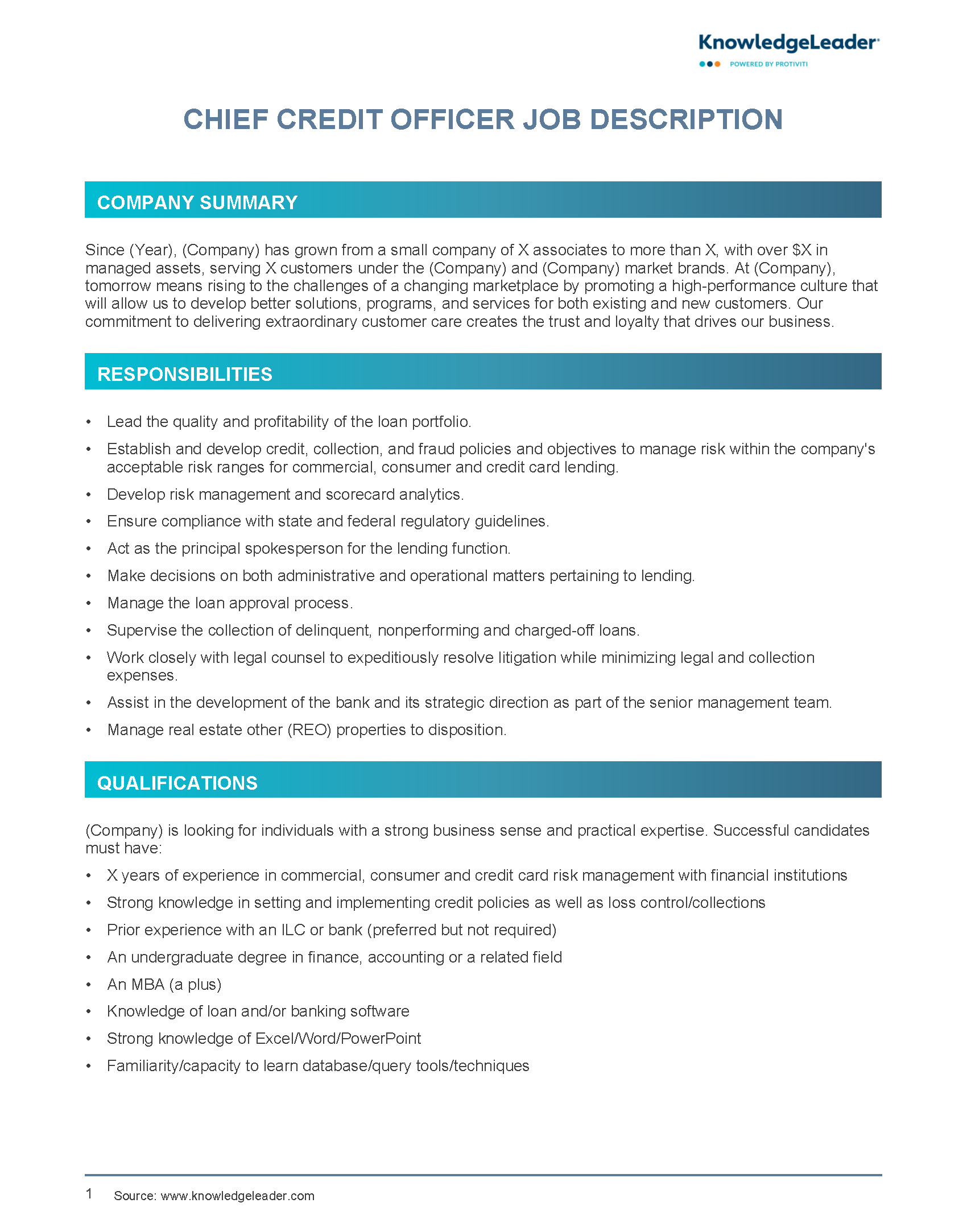Screenshot of the first page of Chief Credit Officer Job Description