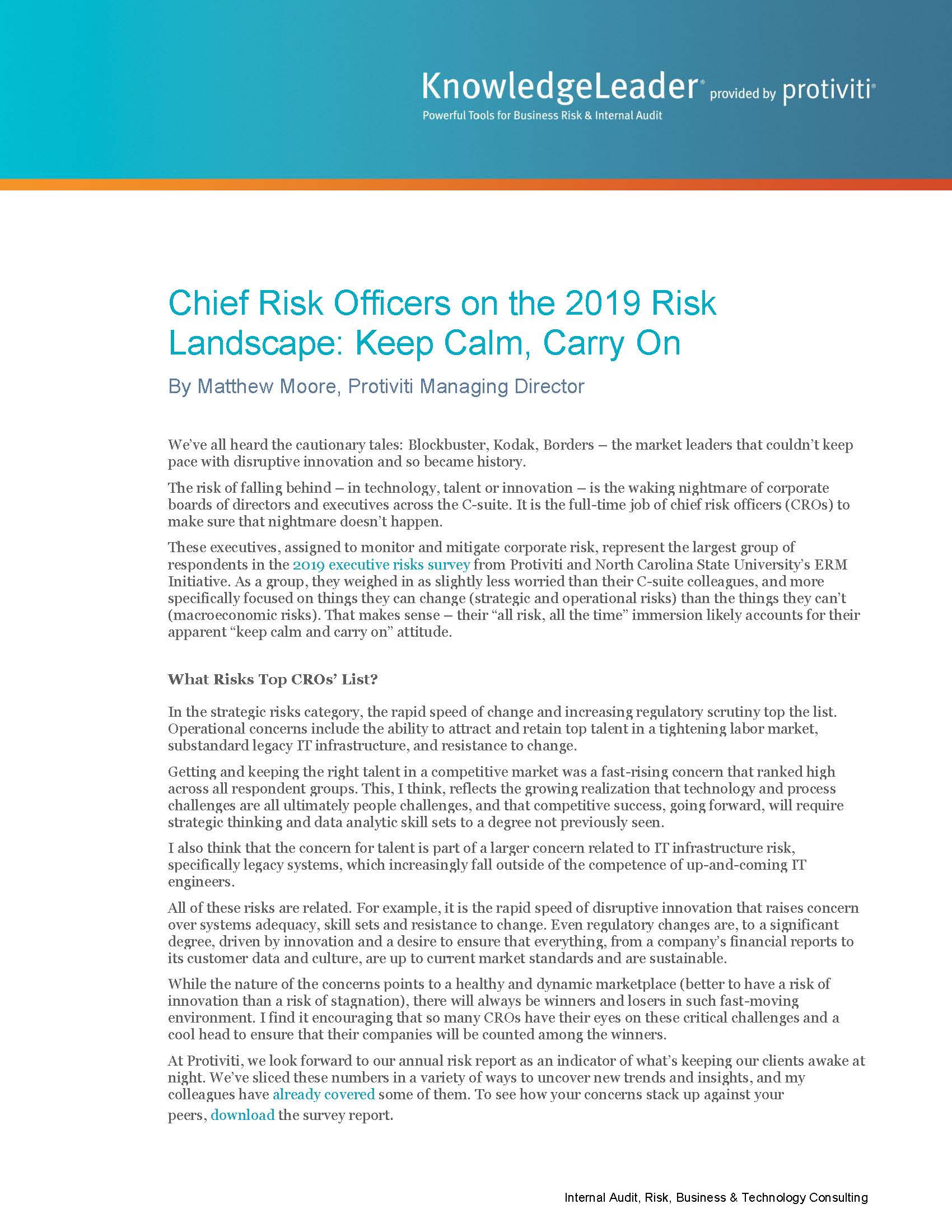 Screenshot of the first page of Chief Risk Officers on the 2019 Risk Landscape: Keep Calm, Carry On