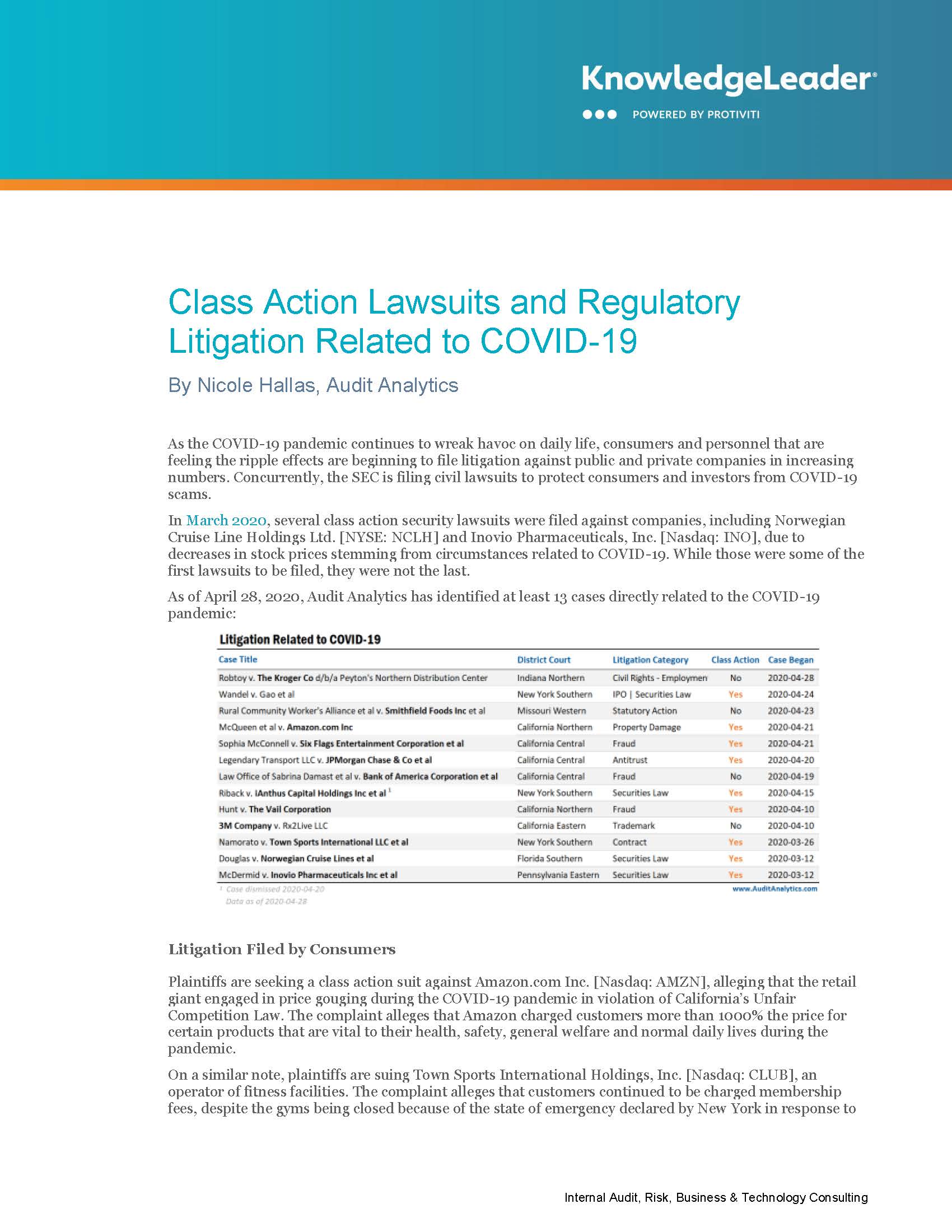 Screenshot of the first page of Class Action Lawsuits and Regulatory Litigation Related to COVID-19