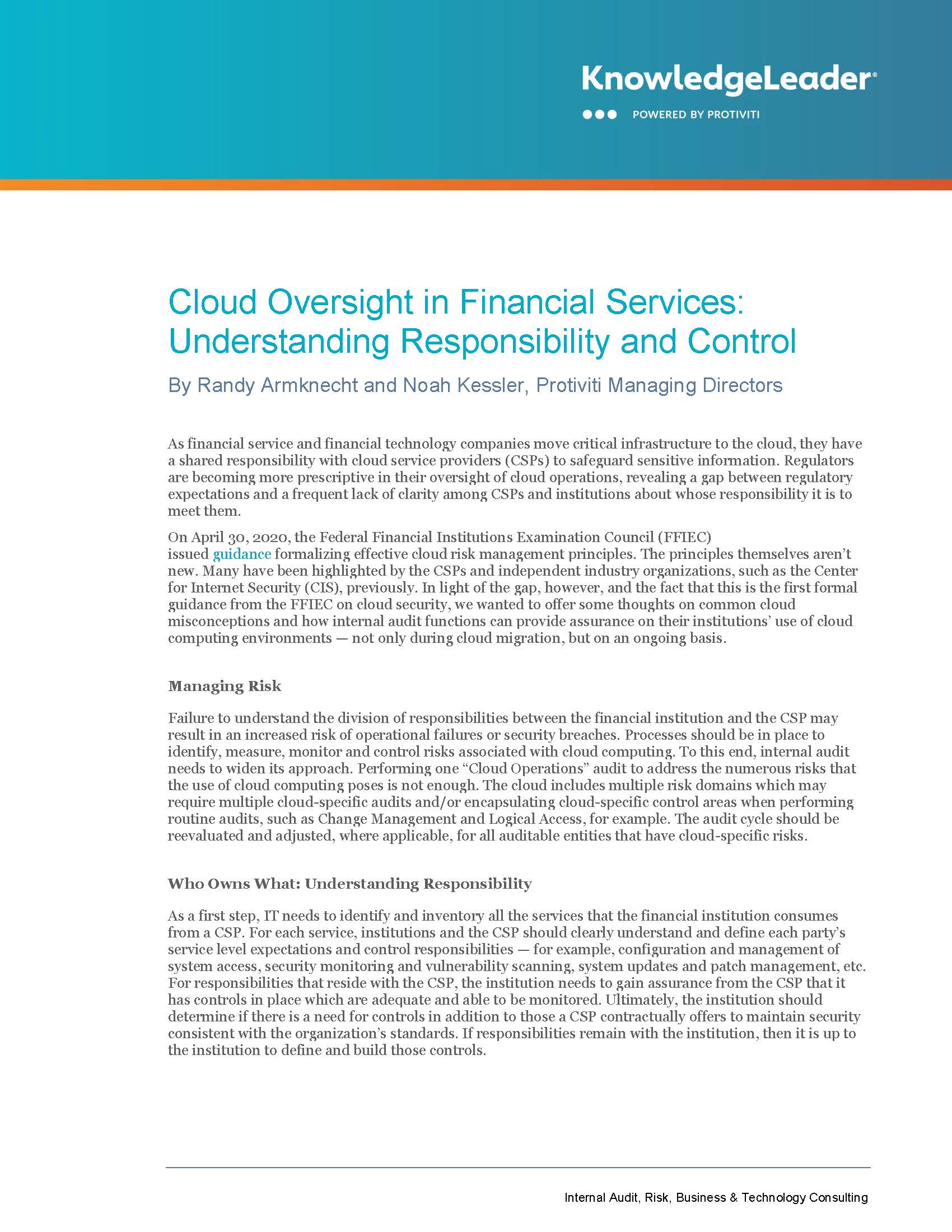 Screenshot of the first page of Cloud Oversight in Financial Services Understanding Responsibility and Control