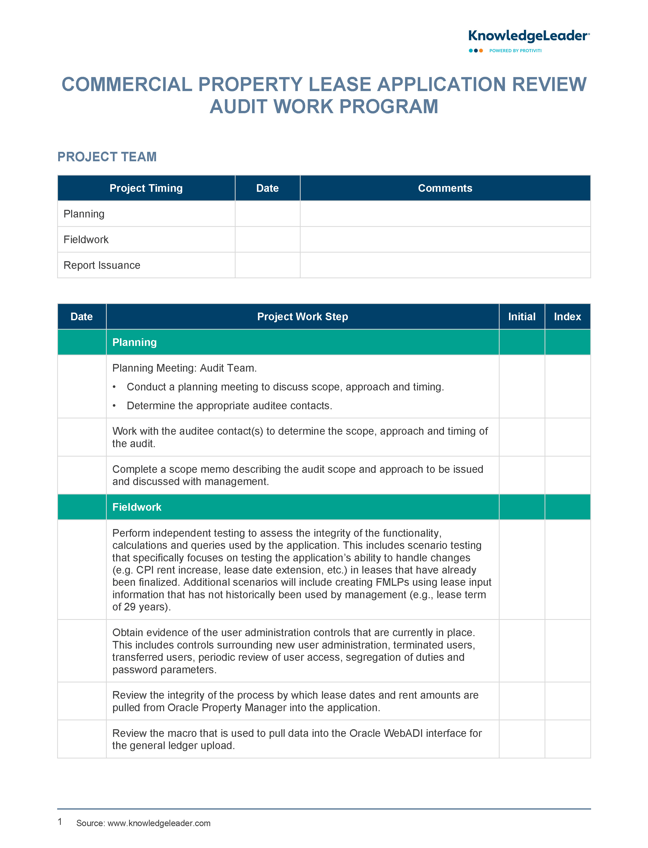 Screenshot of the first page of Commercial Property Lease Application Audit Work Program
