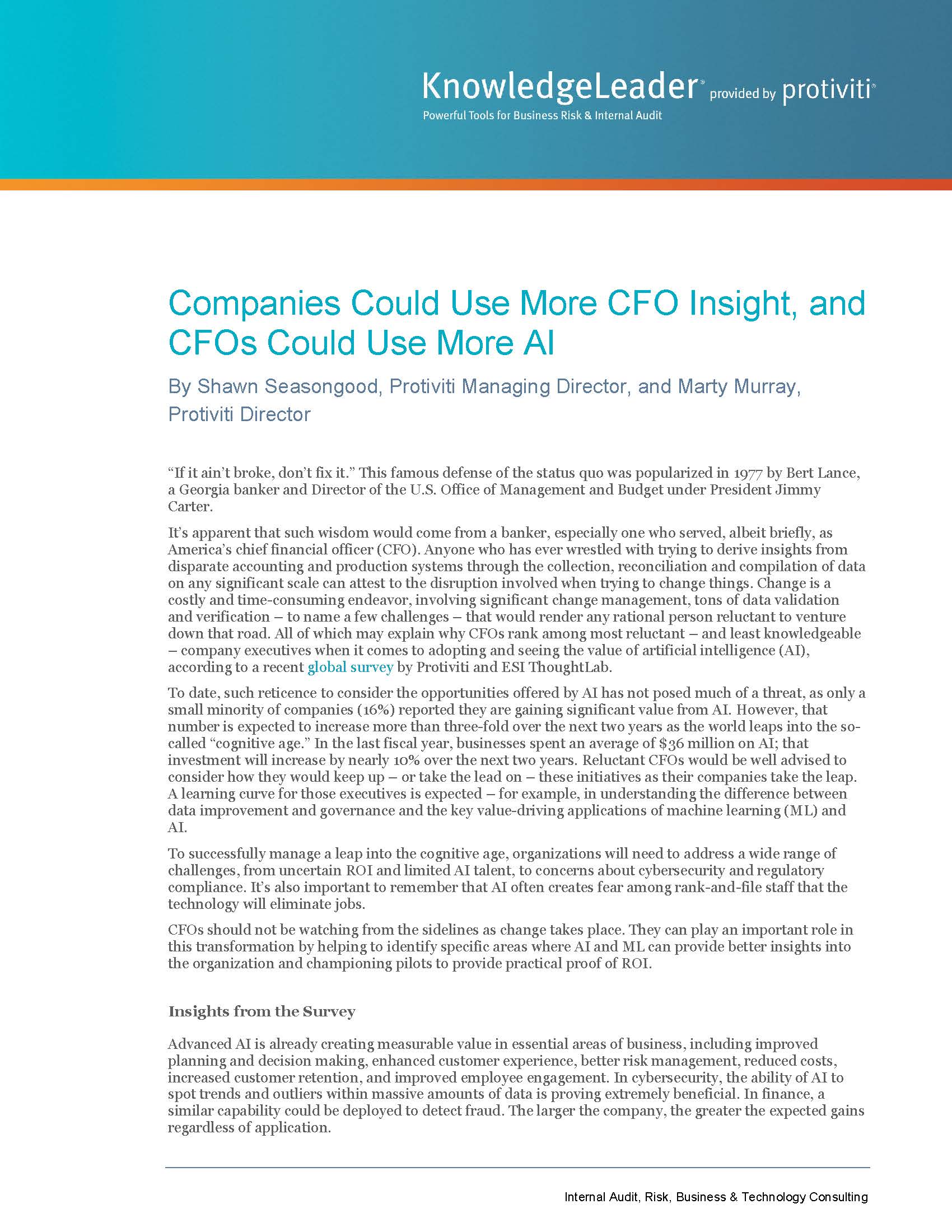 Screenshot of the first page of Companies Could Use More CFO Insight, and CFOs Could Use More AI