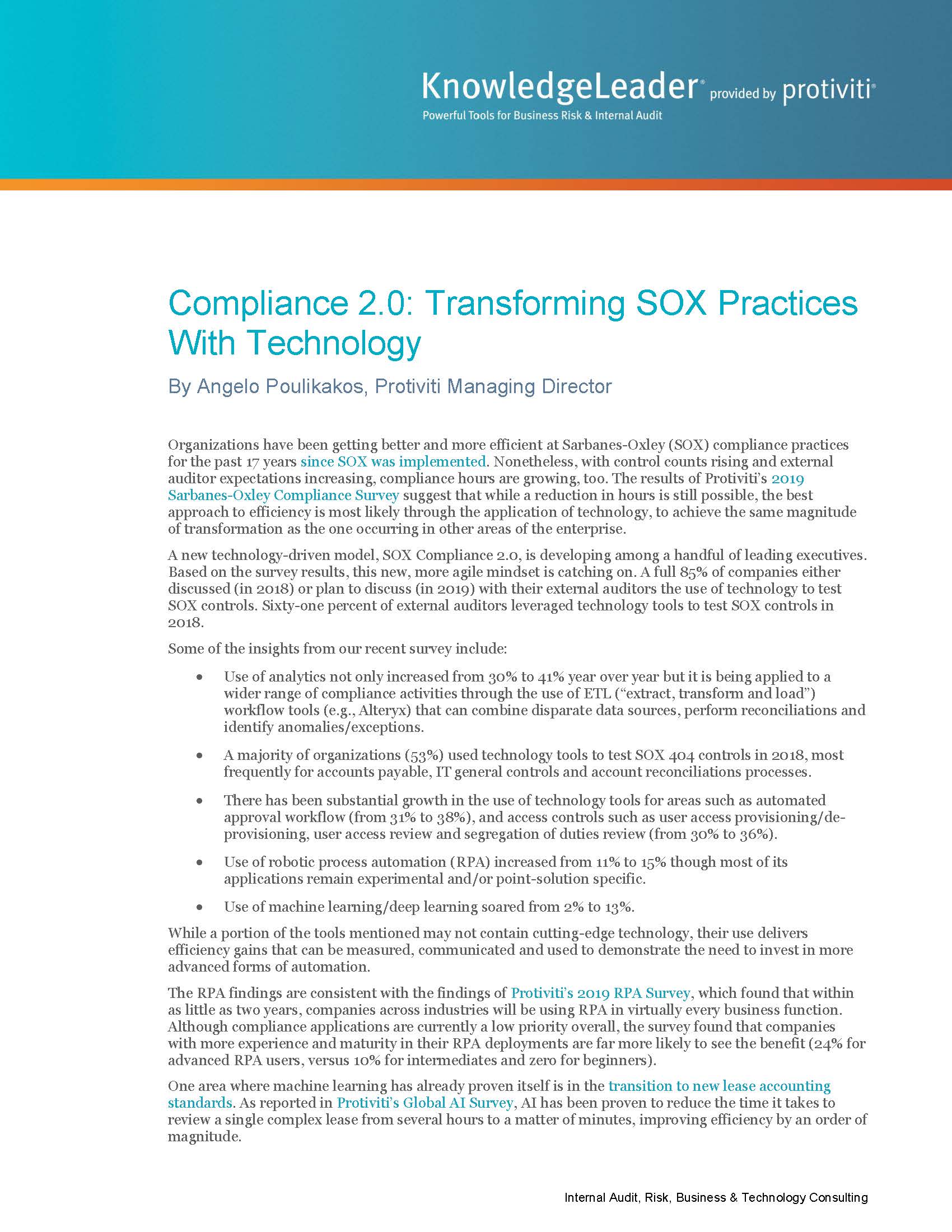 Screenshot of the first page of Compliance 2.0: Transforming SOX Practices With Technology