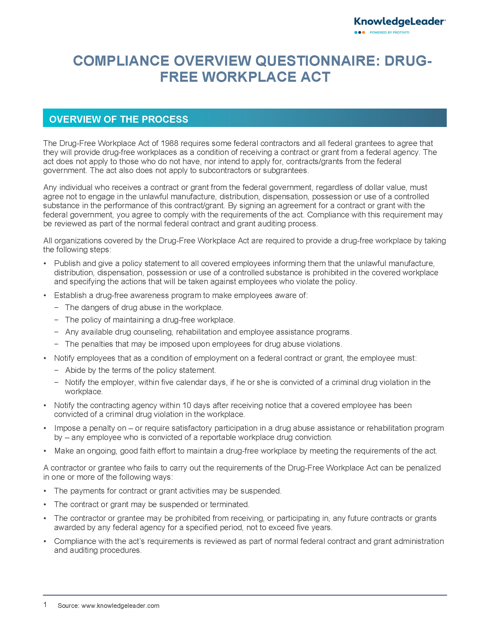 Compliance Overview Questionnaire Drug-Free Workplace Act