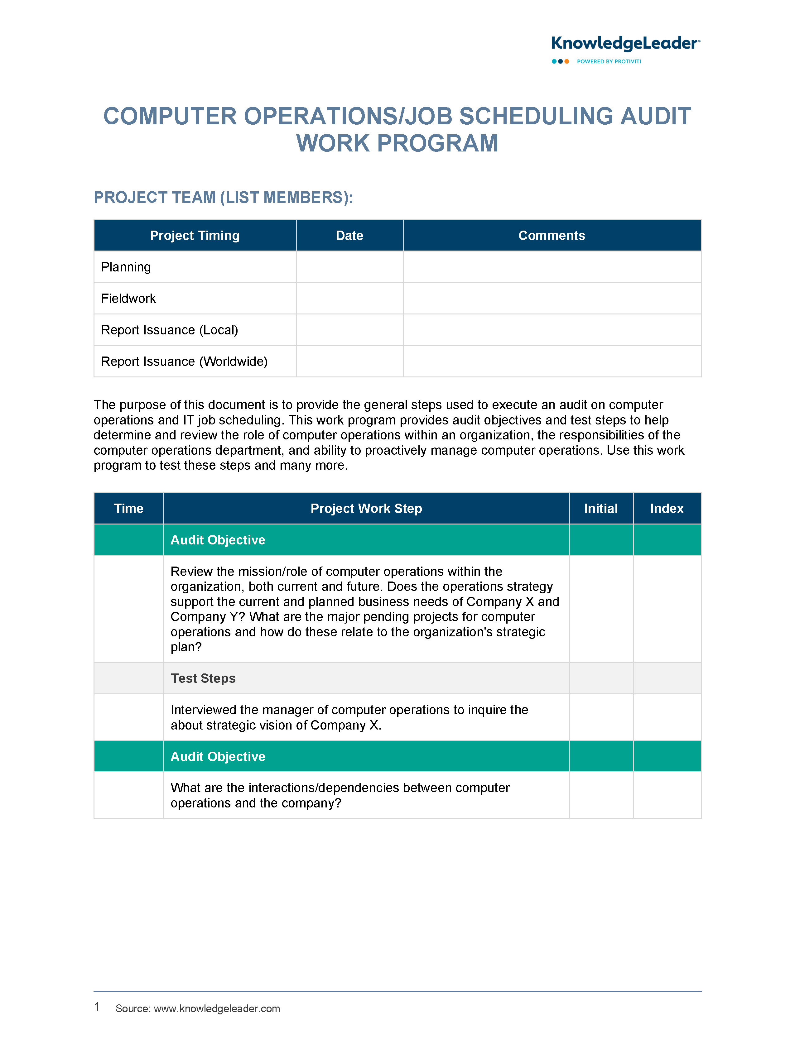 screenshot of the first page of Computer Operations/Job Scheduling Audit Work Program