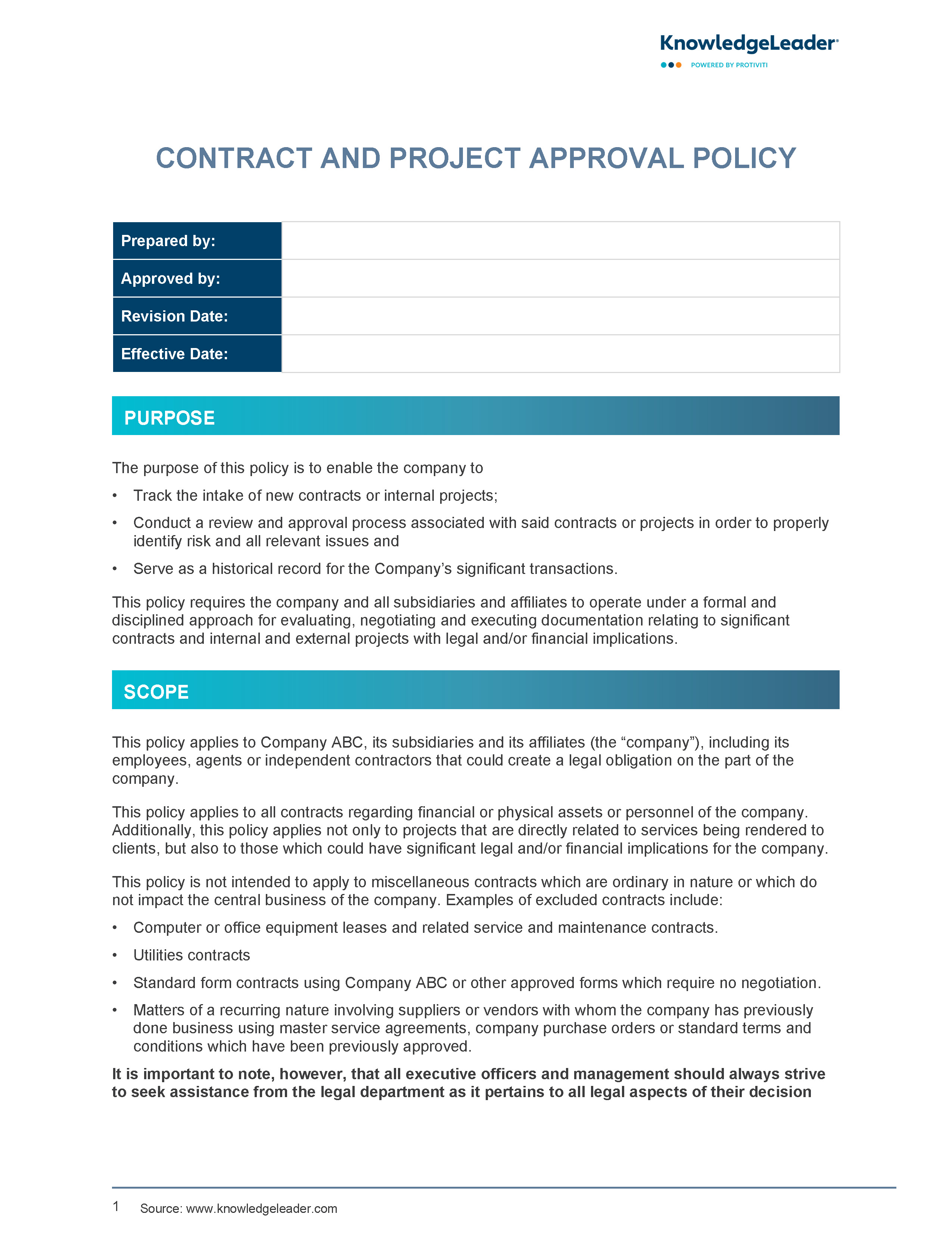 Screenshot of the first page of Contract and Project Approval Policy
