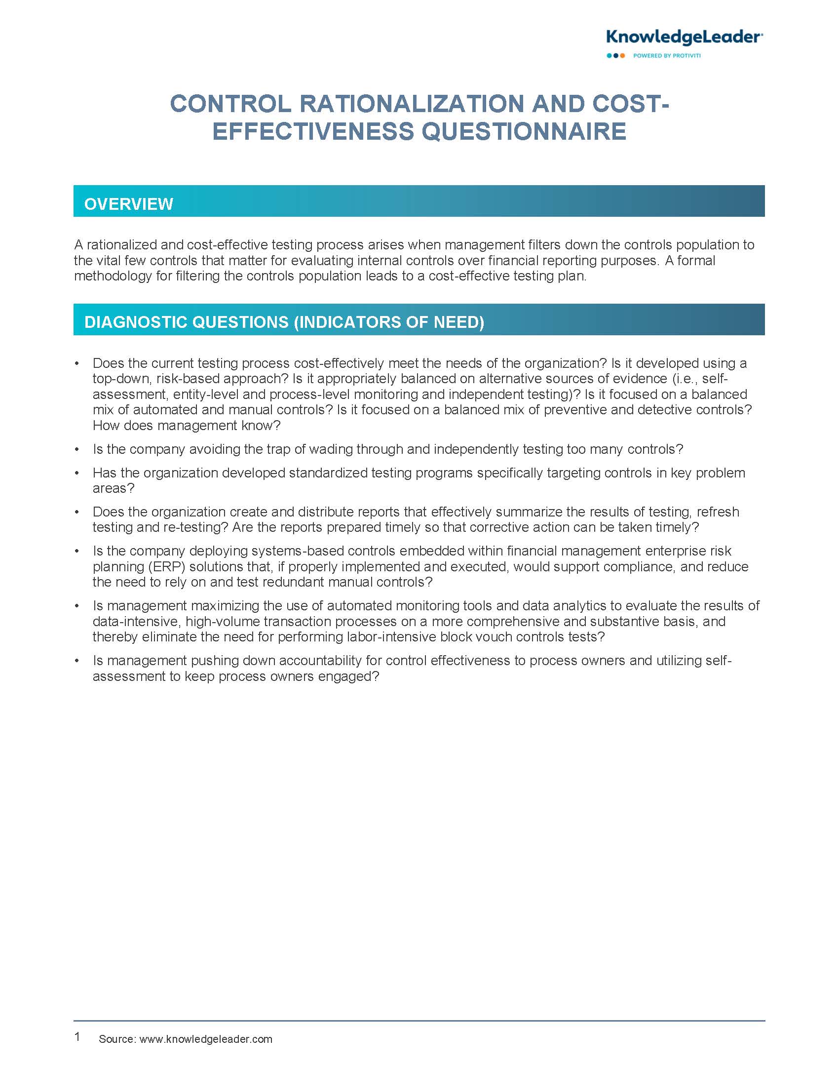 Screenshot of the first page of Control Rationalization and Cost-Effectiveness Questionnaire