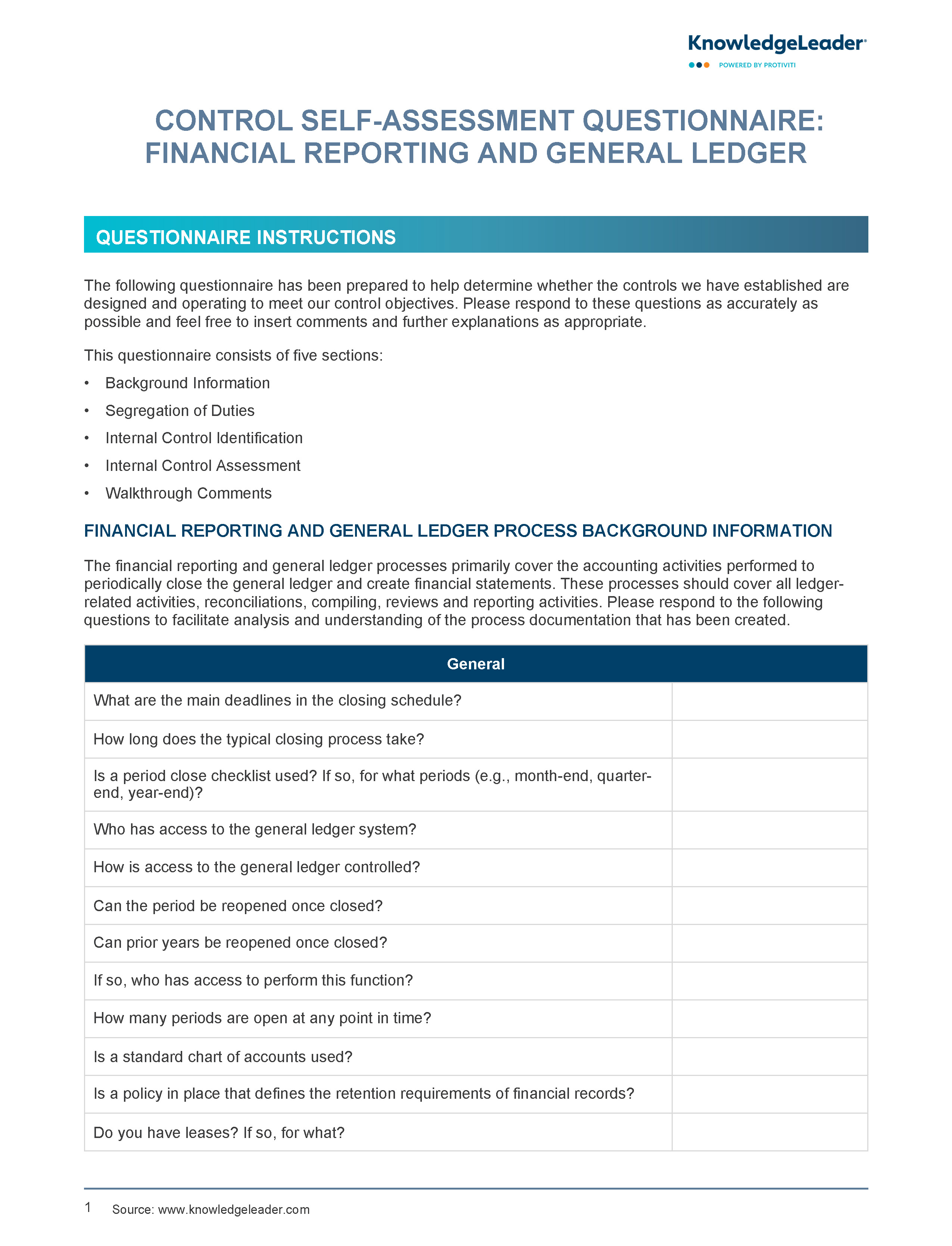 Screenshot of the first page of Control Self-Assessment Questionnaire - Financial Reporting and General Ledger