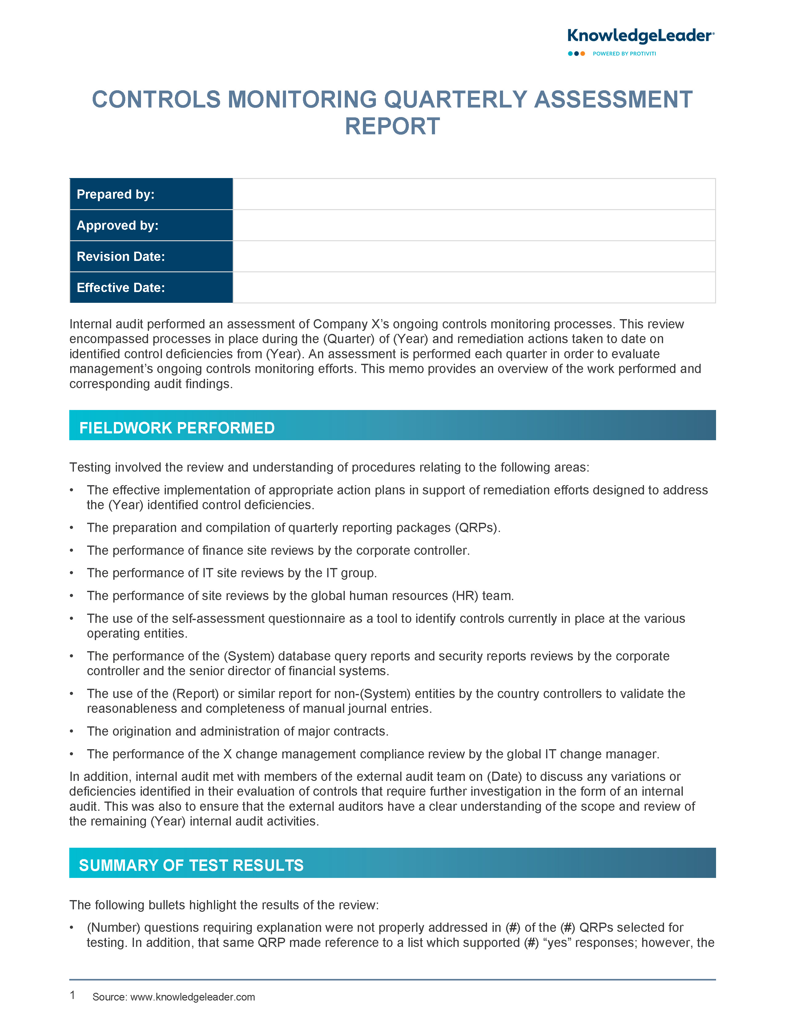 Screenshot of the first page of Controls Monitoring Quarterly Assessment Report